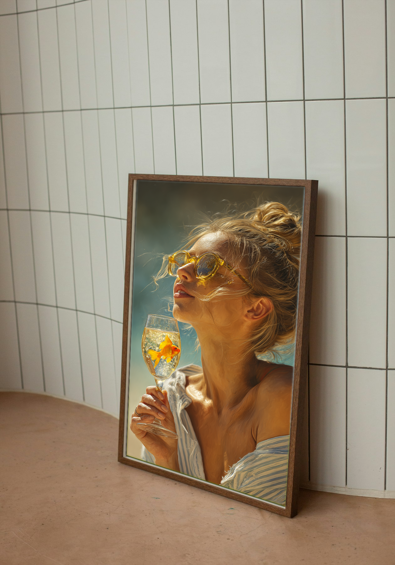 Golden Reflection - Surreal Woman with Goldfish Glass