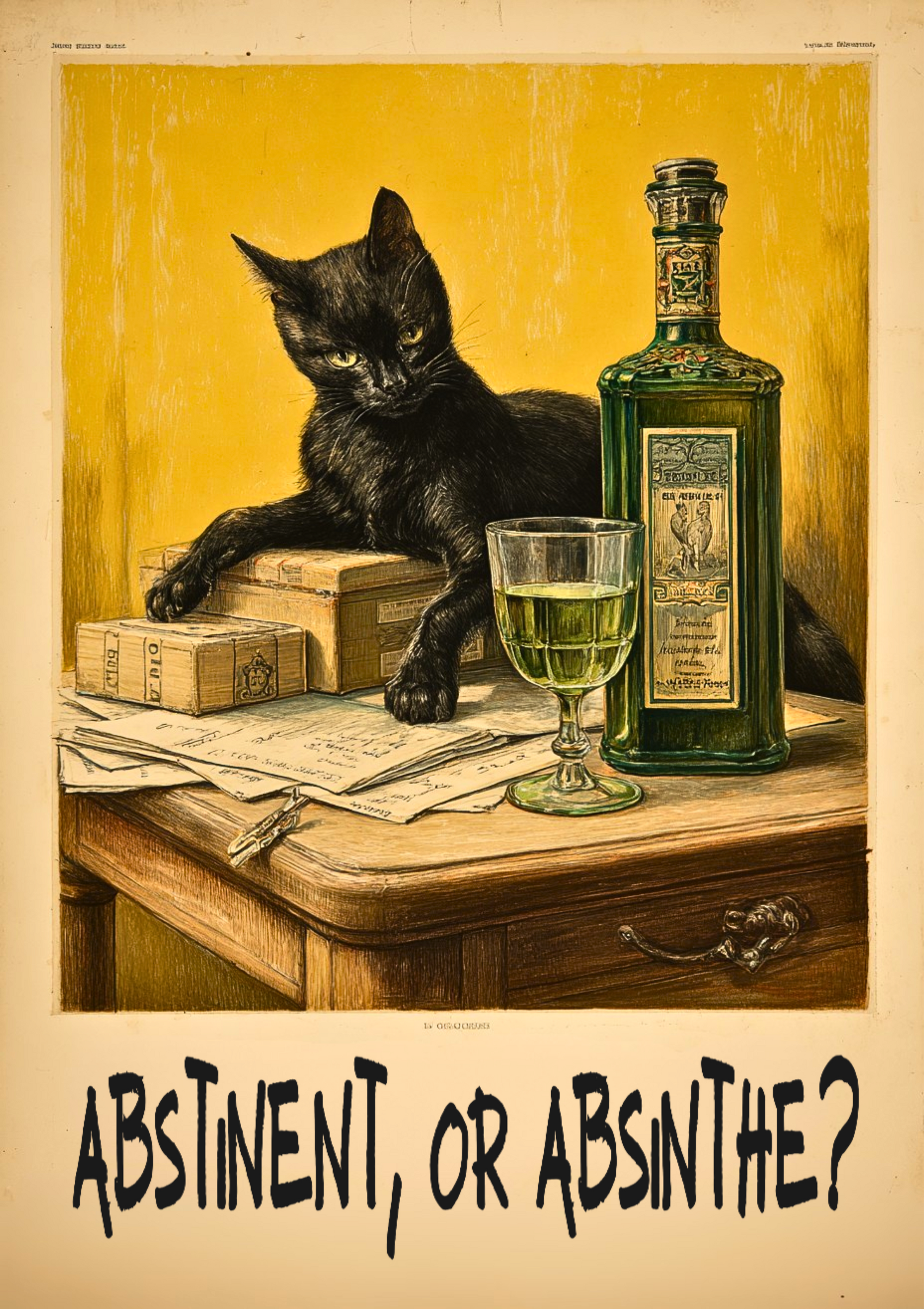 Retro vintage poster of black cat with absinthe bottle and witty text