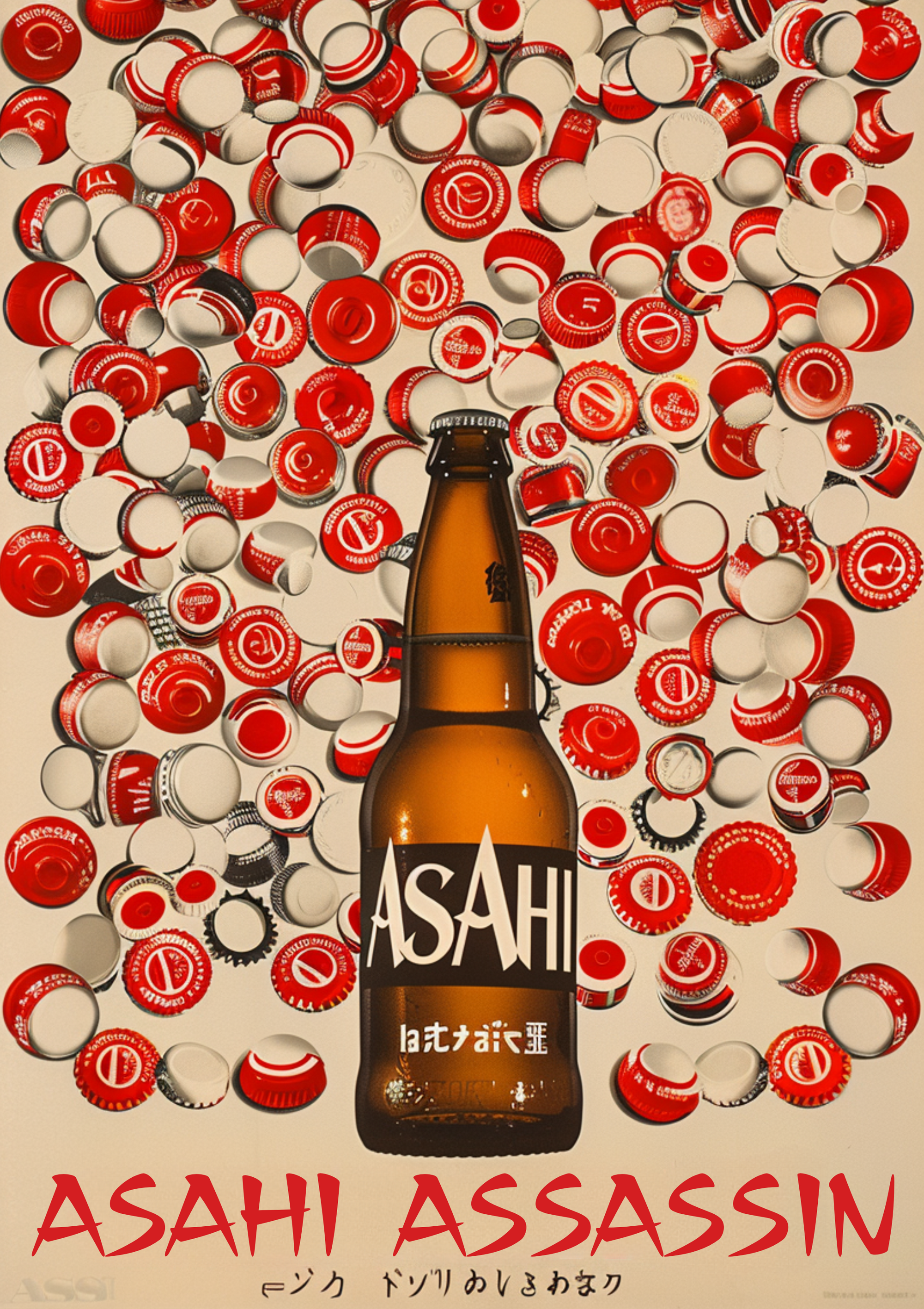 Retro pop art poster of Asahi beer bottle with scattered red caps