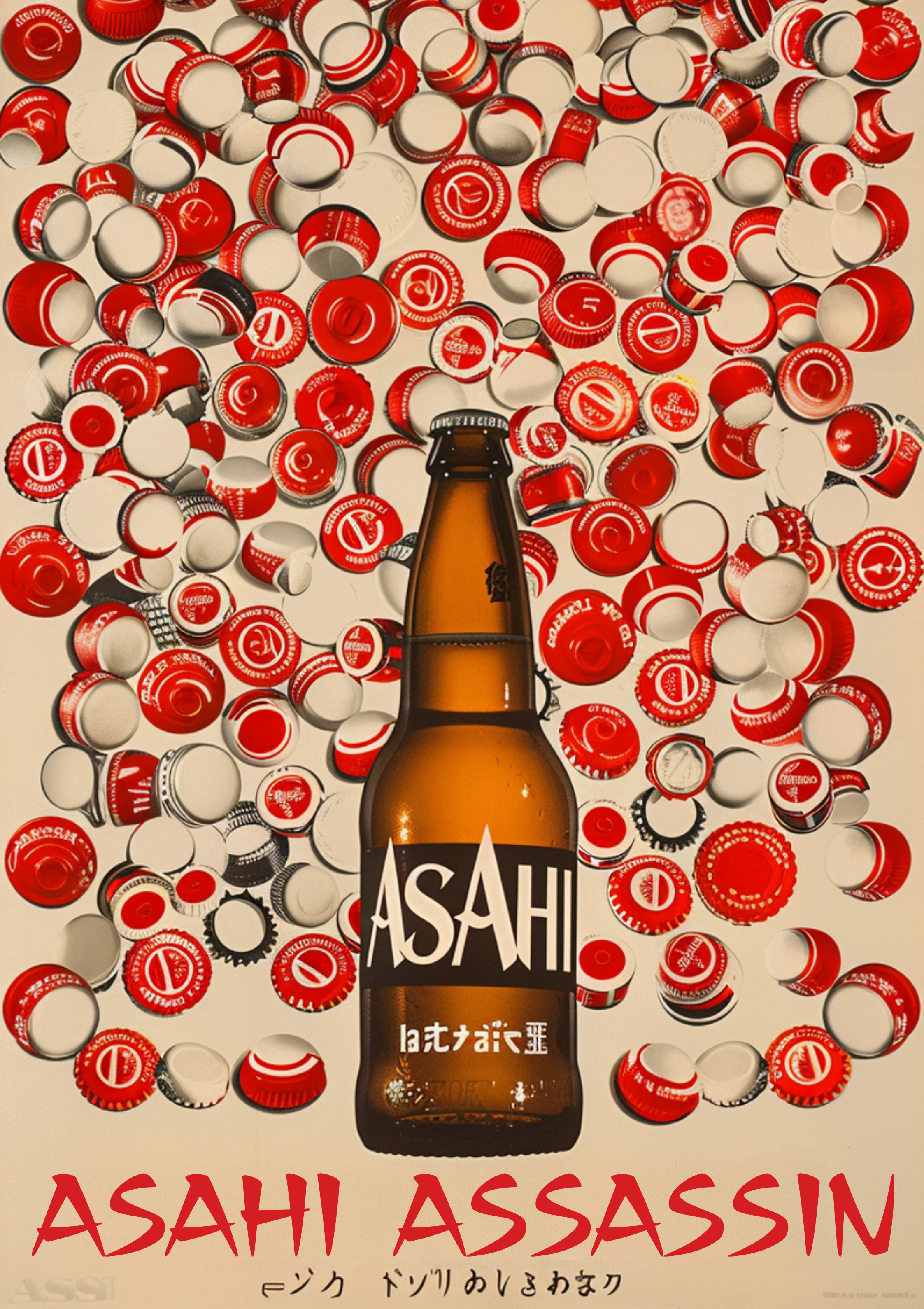 Retro pop art poster of Asahi beer bottle with scattered red caps