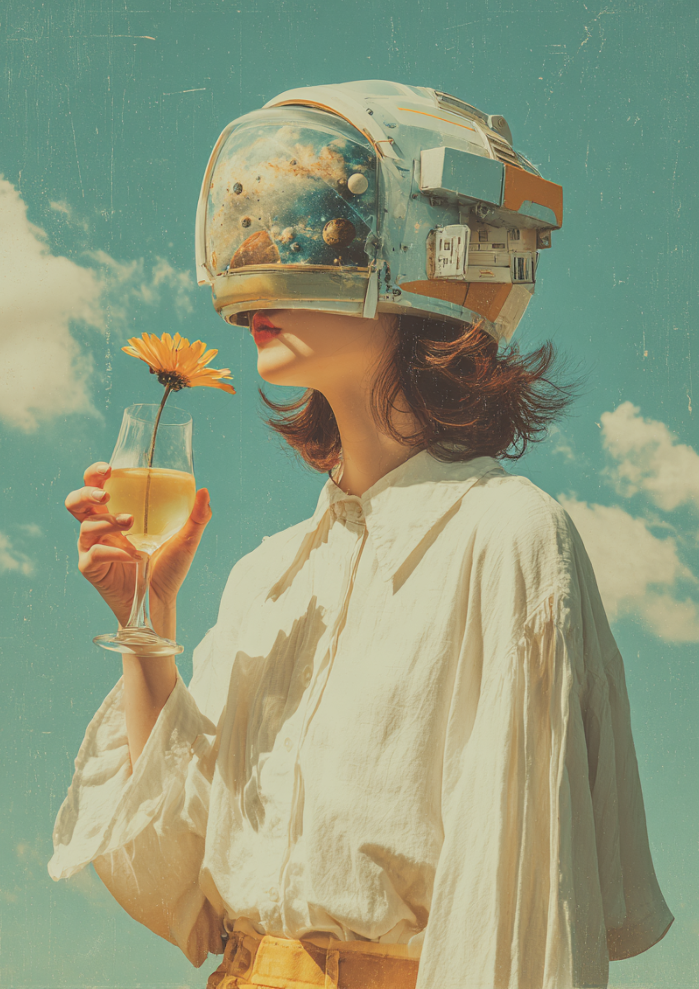 Surreal retro poster of astronaut helmet woman holding flower in glass