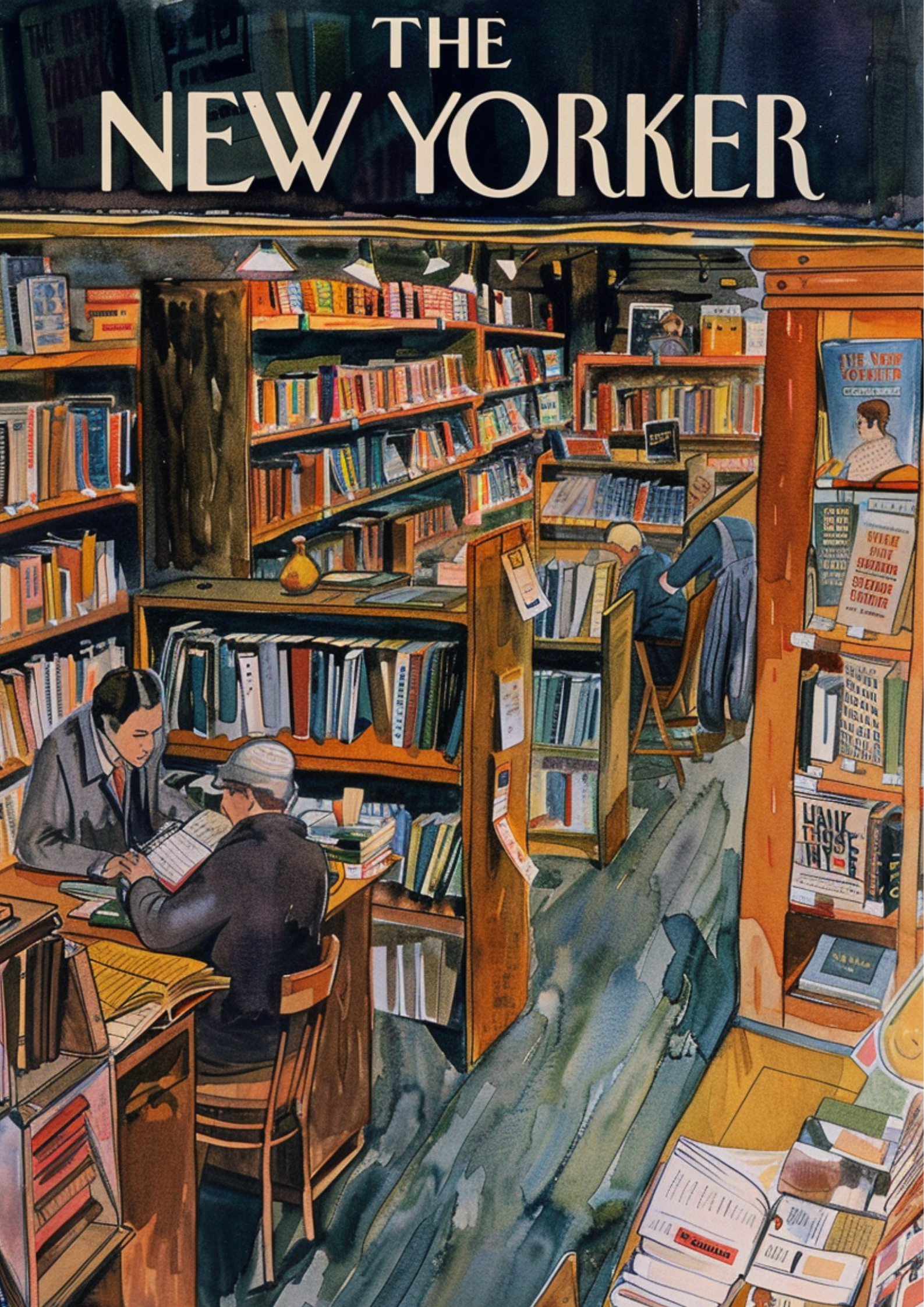 Retro New Yorker magazine cover illustration of people reading and browsing books in a cozy bookstore