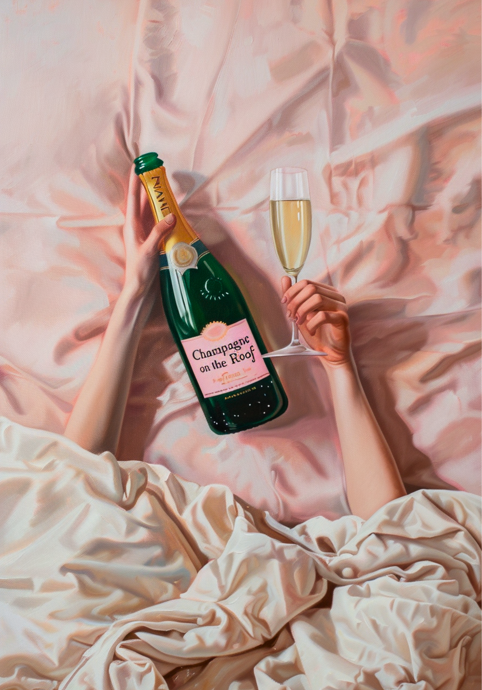 Pop art–style poster of a hand holding a champagne bottle and flute against soft pink satin sheets, retro editorial luxury vibe.