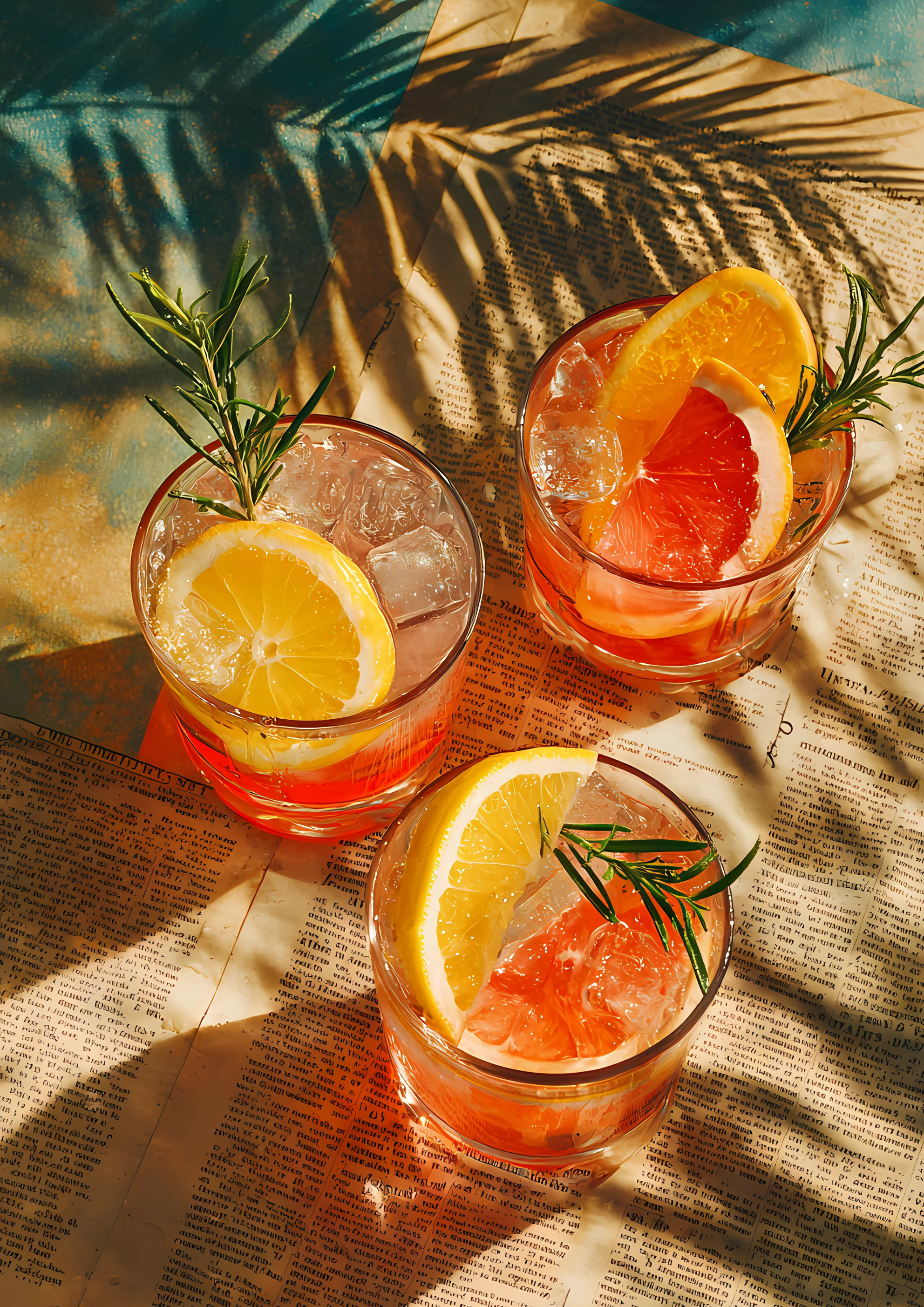 Art poster of three citrus cocktails with lemon, grapefruit, and rosemary on vintage paper, with palm shadows and summer sunlight