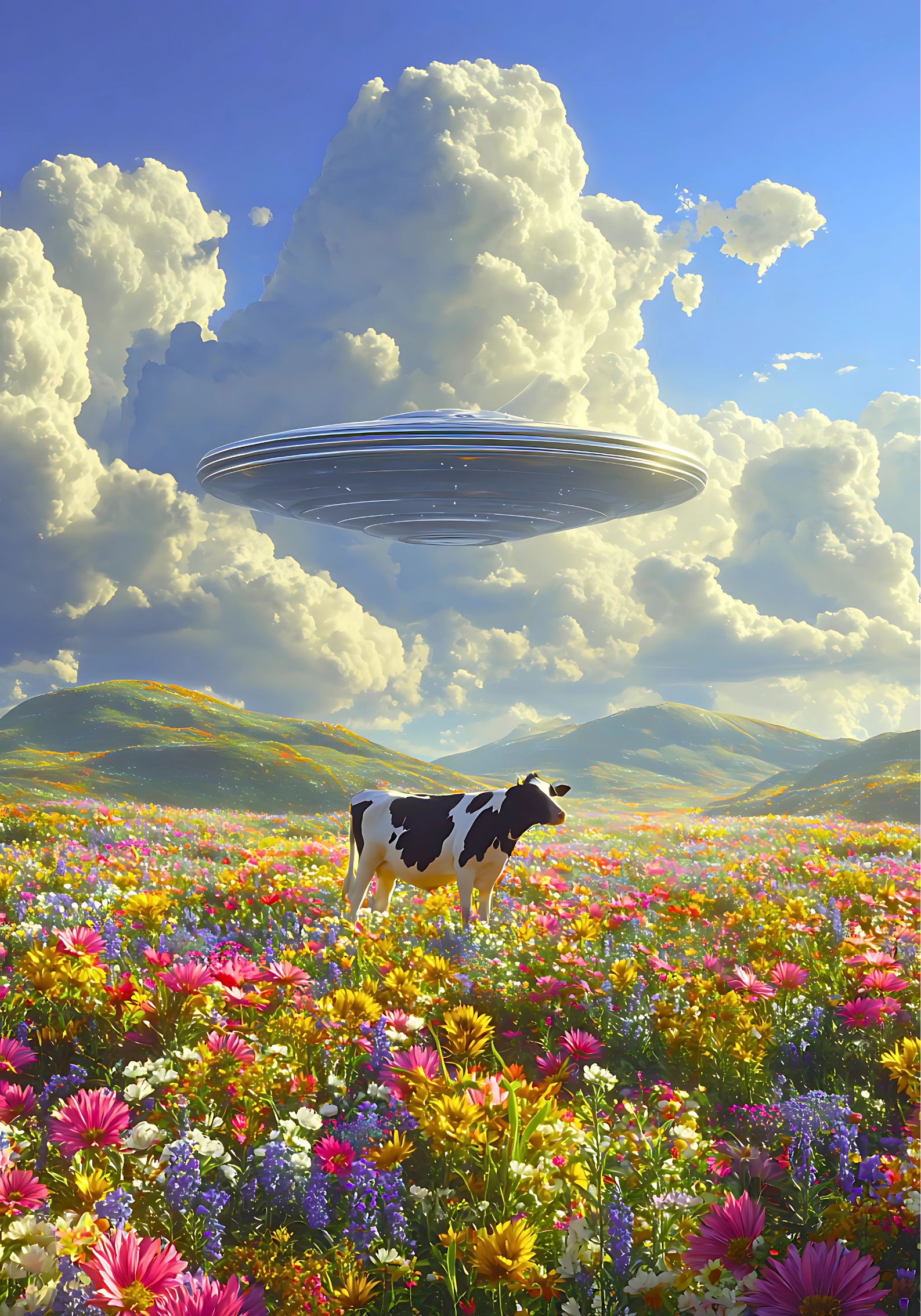 Surreal pop art poster of a cow standing in a colorful flower meadow under a hovering UFO against a backdrop of clouds and hills