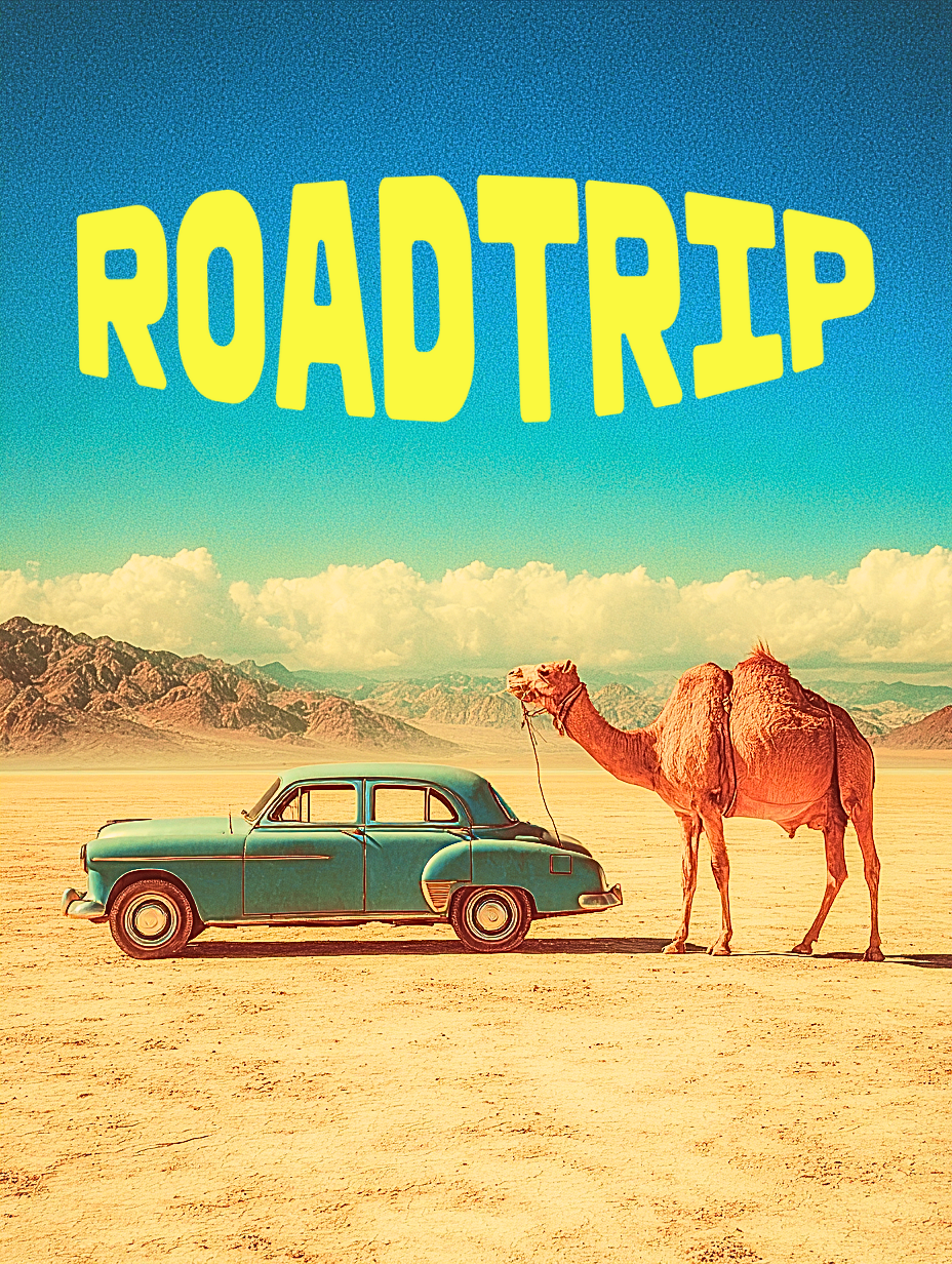 A car and a camel in the desert with a blue sky and a big yellow "Roadtrip" sign