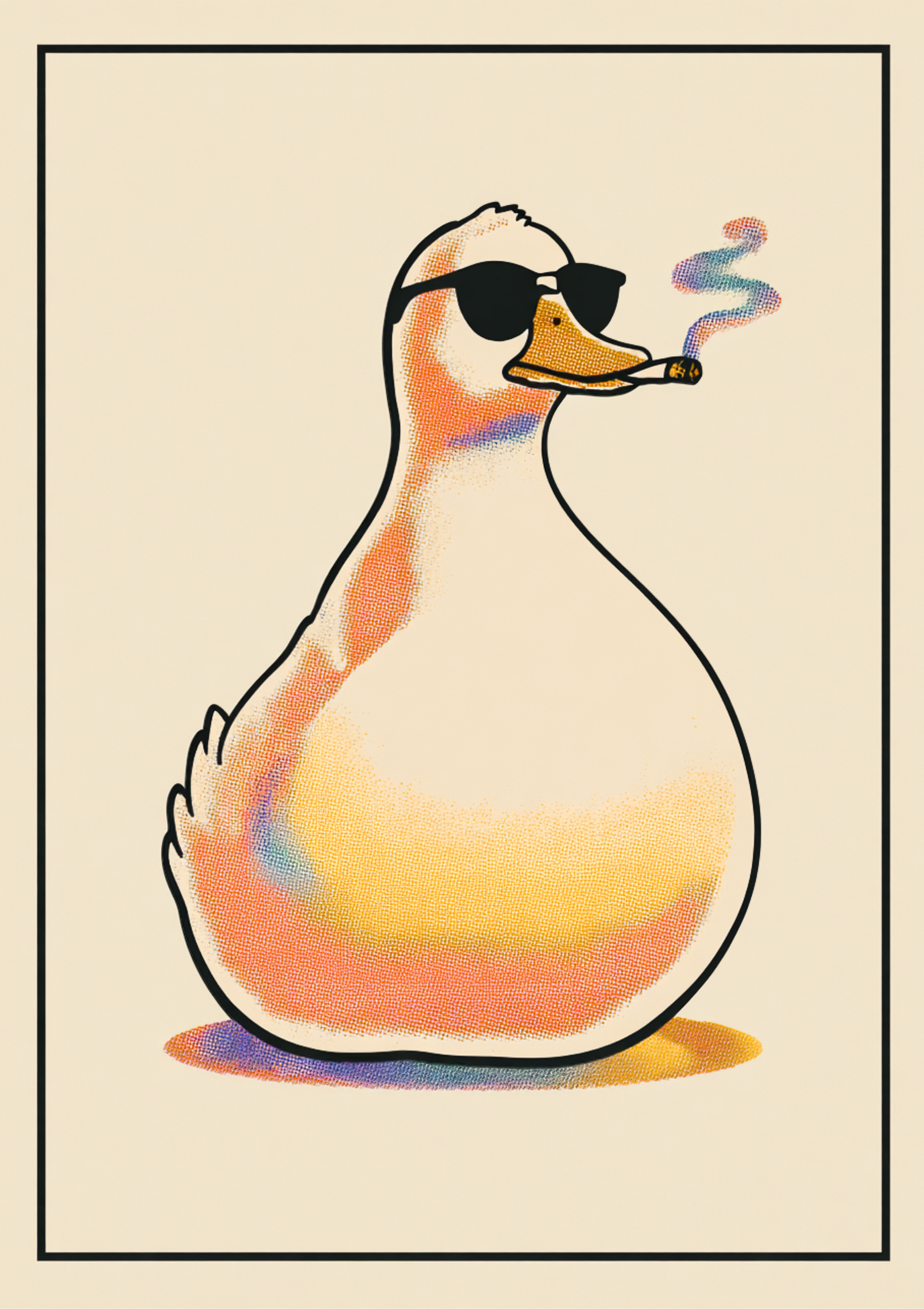 Retro pop art poster of duck in sunglasses smoking cigarette
