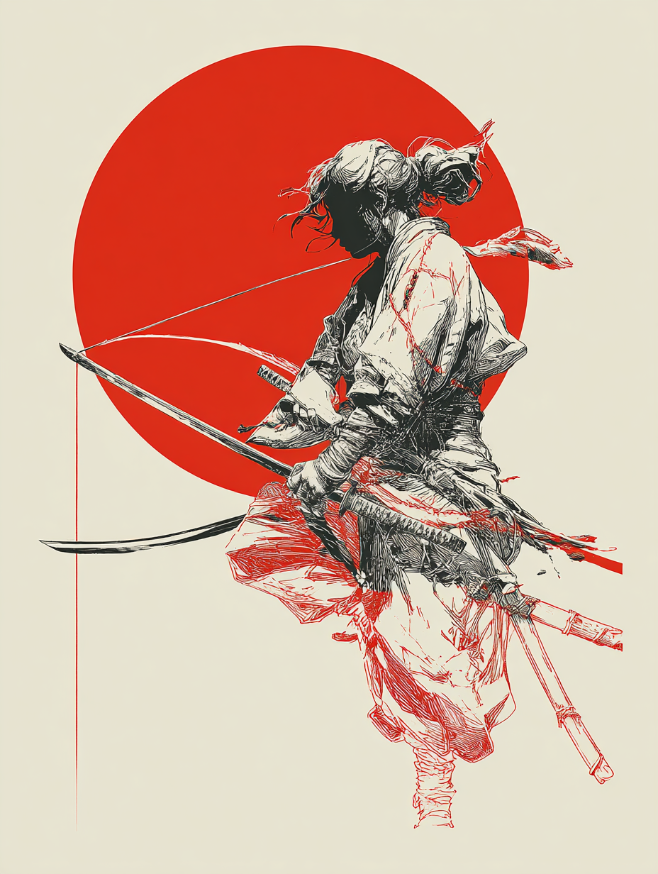 Japanese pop art poster of a female samurai archer drawn in black ink against a bold red sun on cream background