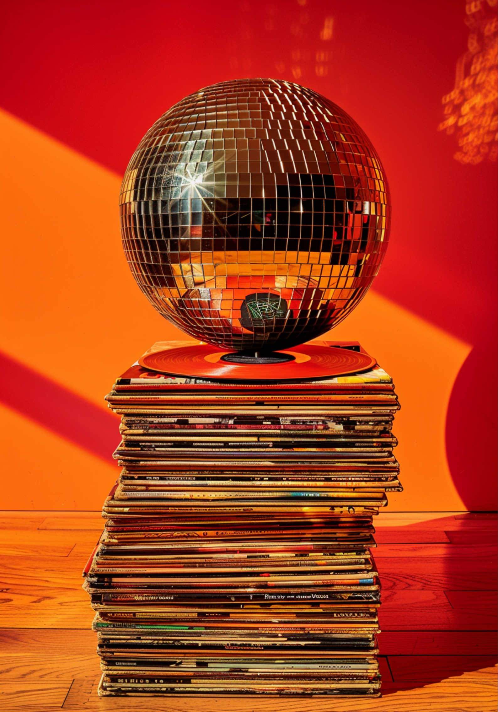 Pop art poster of a disco ball sitting on a tall stack of vinyl records with warm orange and red background lighting