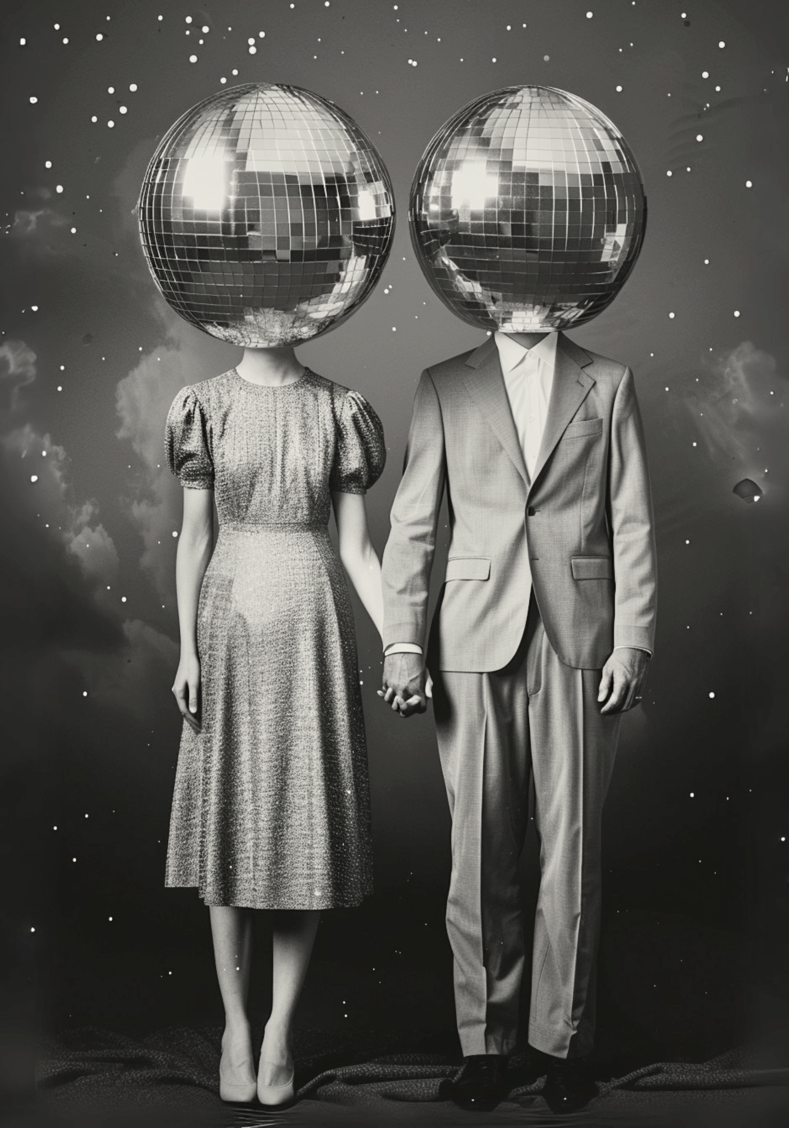 Black and white pop art poster of a man and woman in formal outfits with disco balls for heads, holding hands under a starry sky