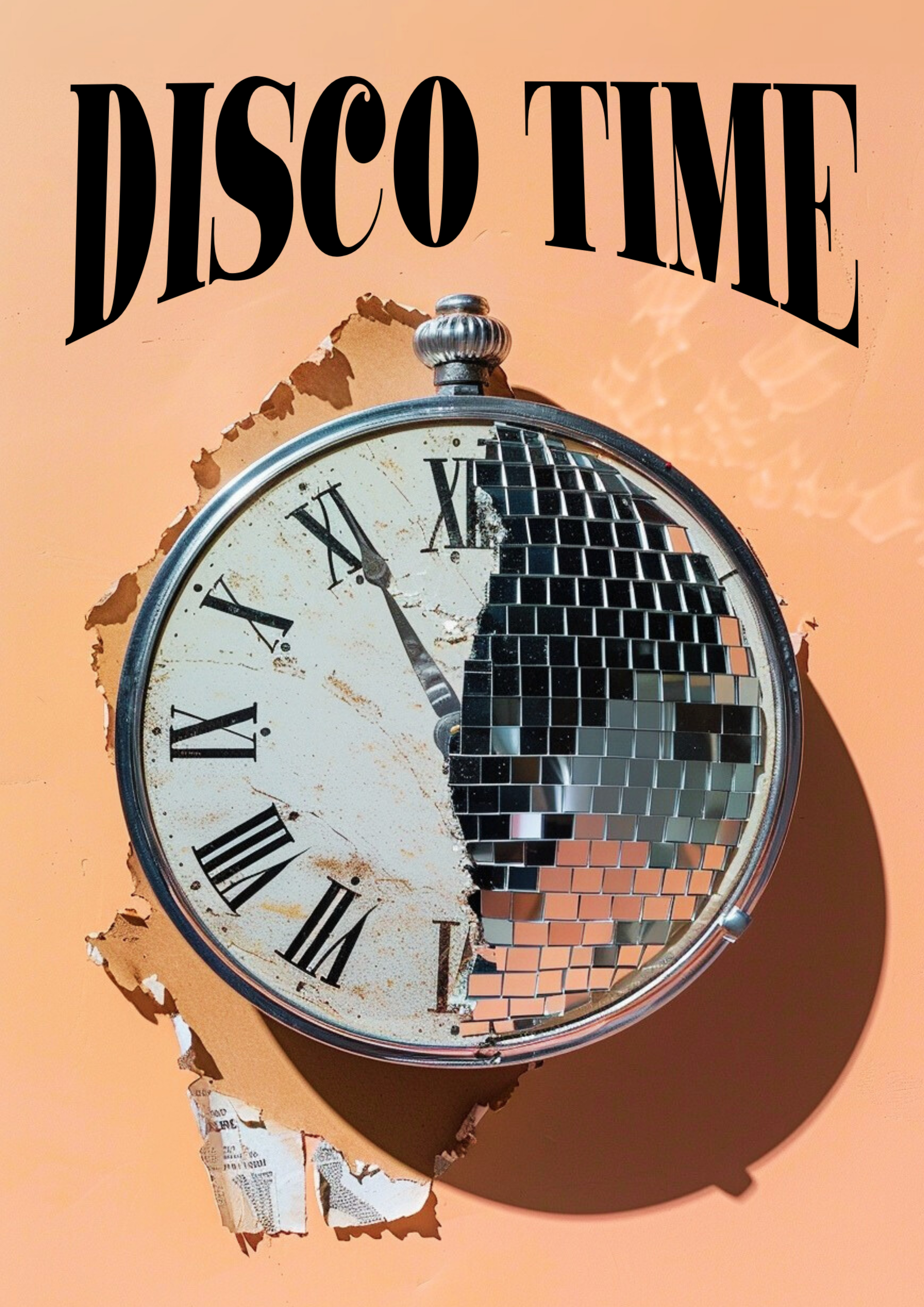 Pop art poster of a cracked vintage clock with half made of disco ball mirrors and the words “Disco Time” above, on a peach background