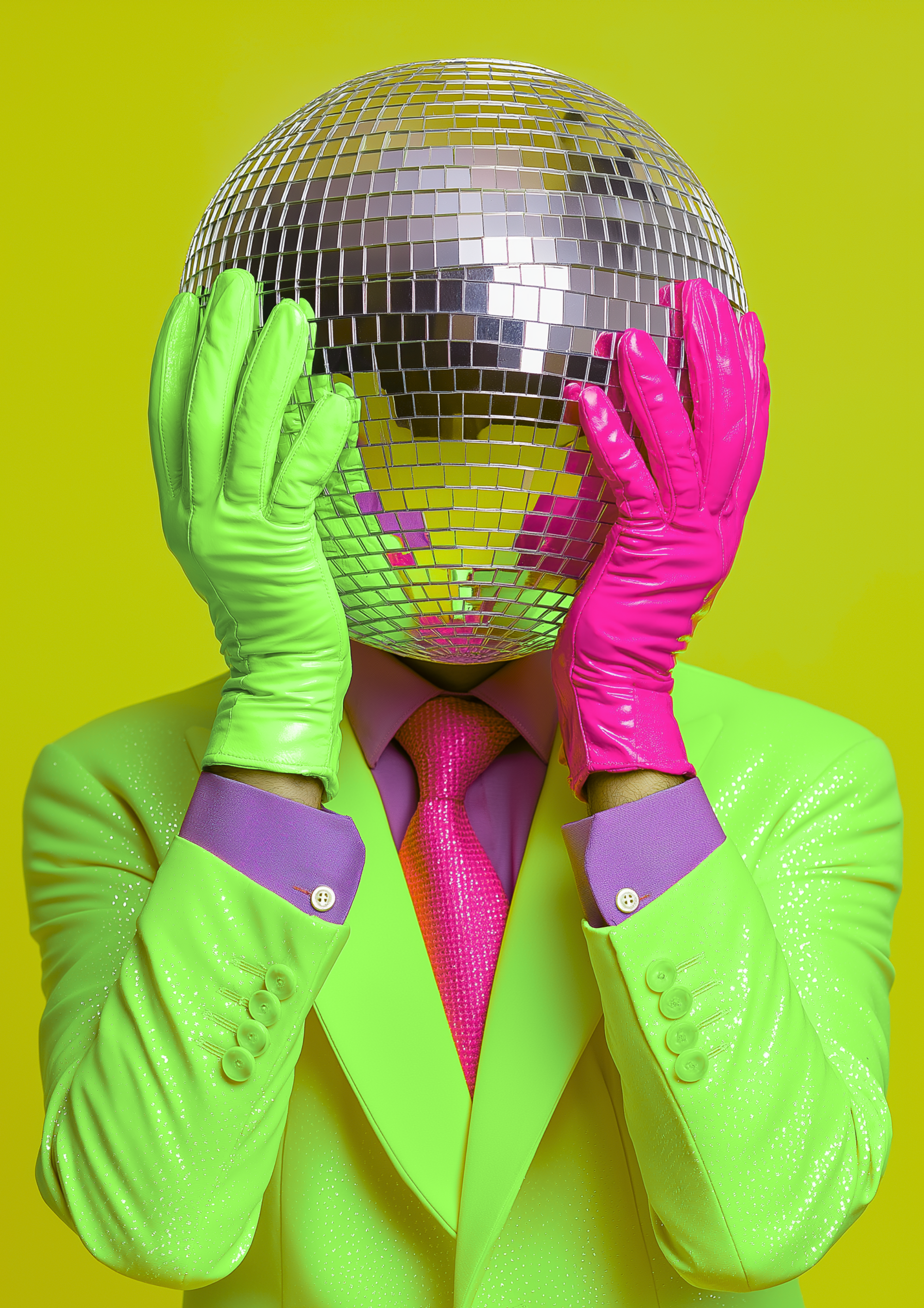 Neon pop art poster of man with disco ball head in bright suit