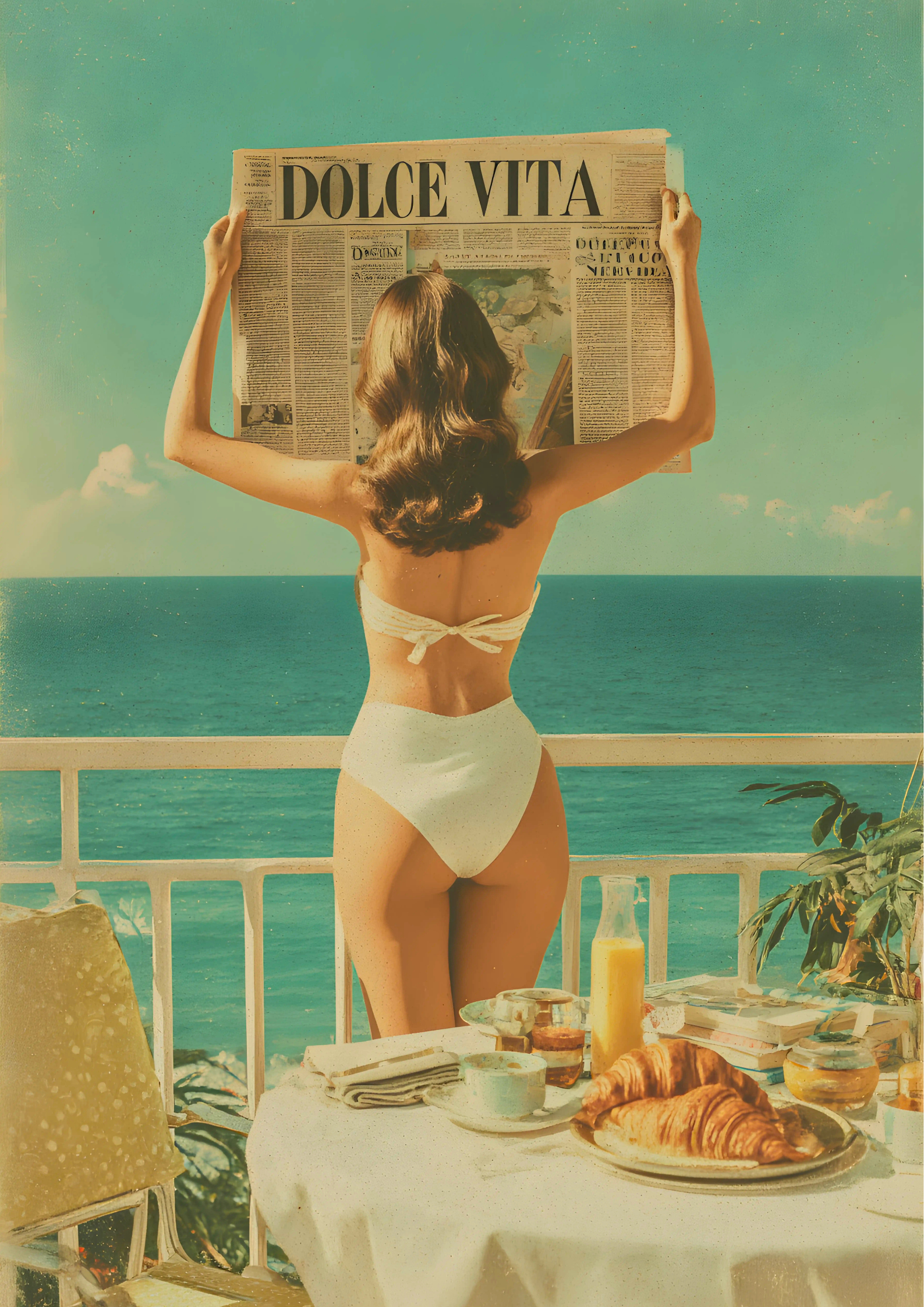 Retro artwork of woman in bikini reading Dolce Vita newspaper on seaside balcony with breakfast table