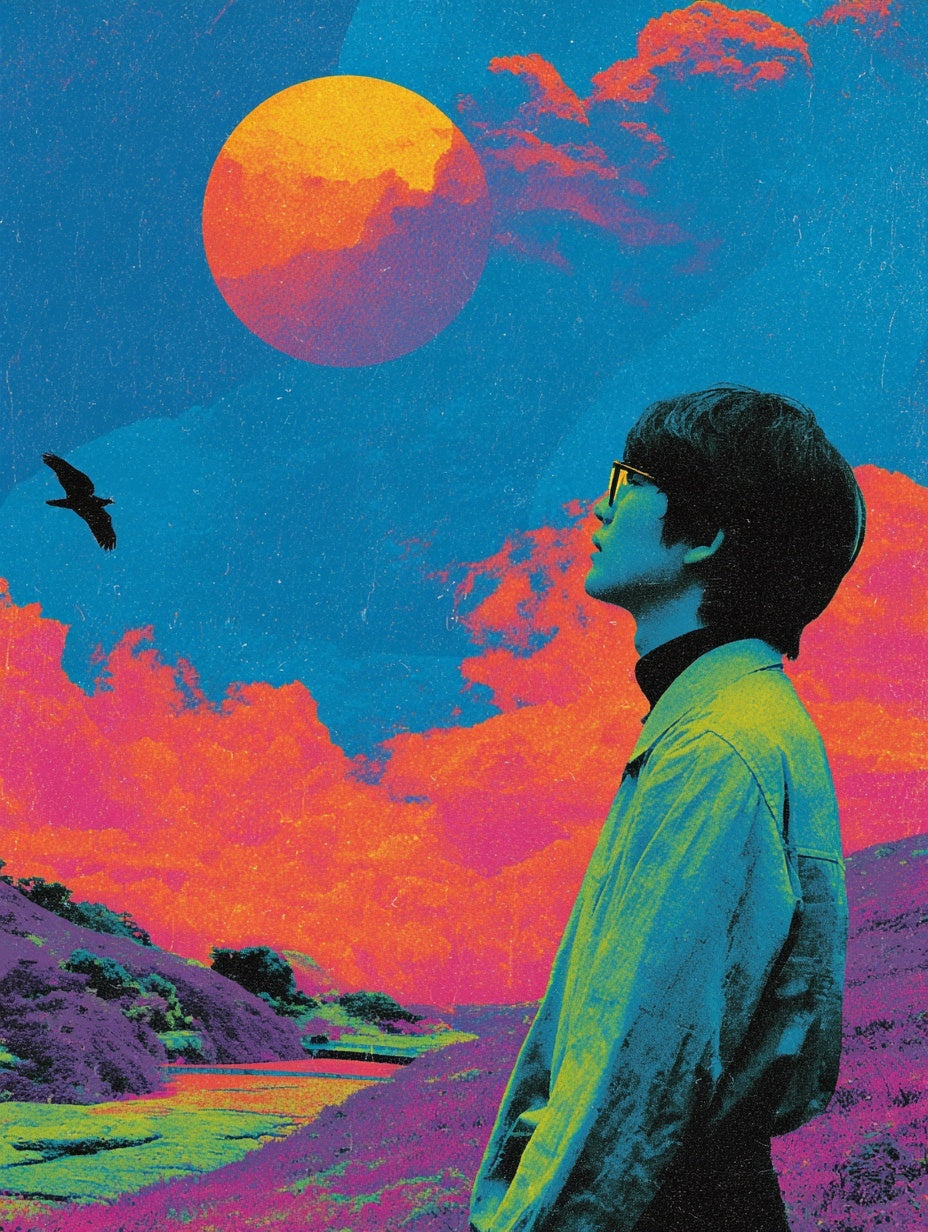 Japanese pop art poster of a man gazing at an orange sun in a psychedelic sky with bright clouds and vivid neon landscape