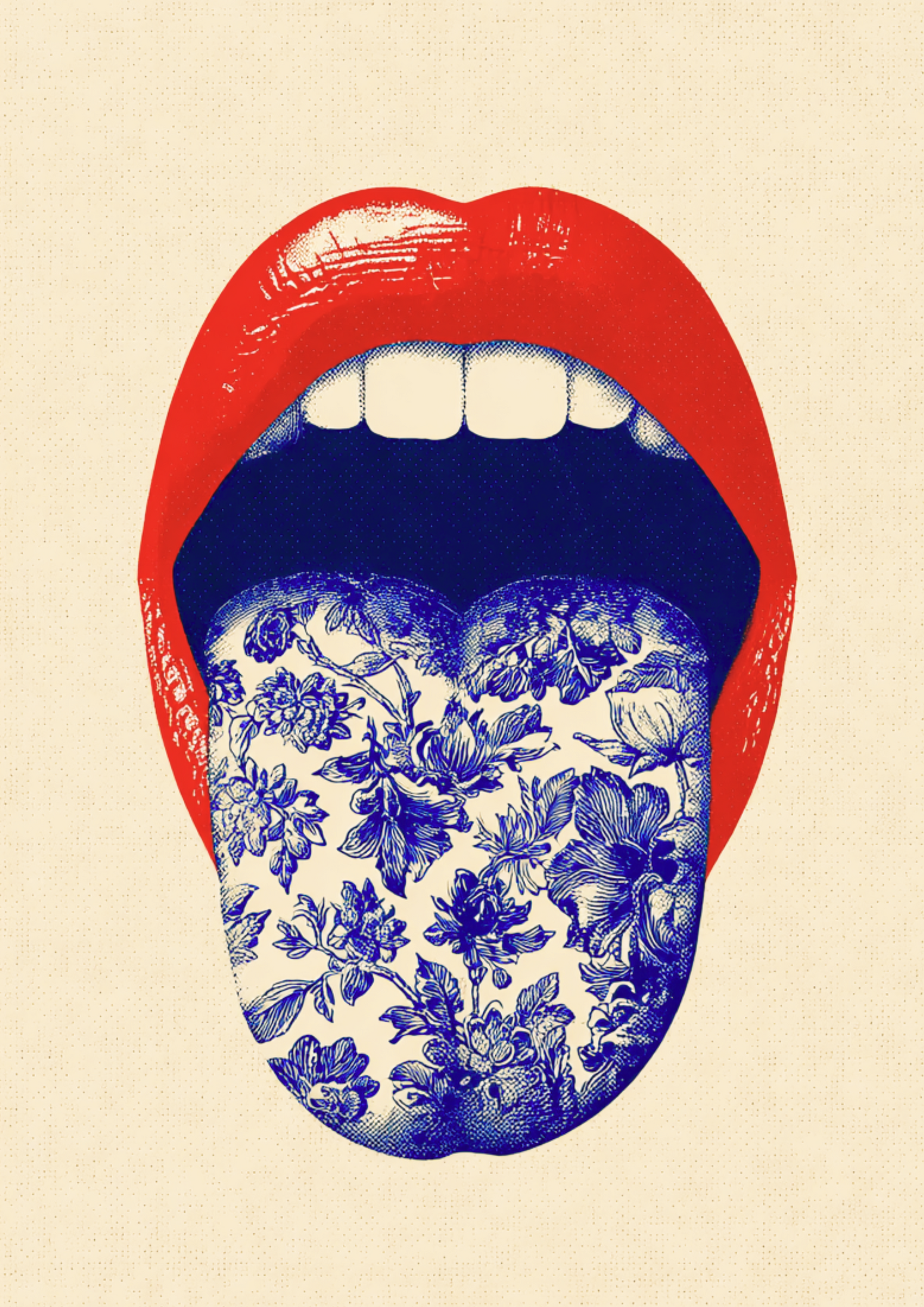 Pop art poster of an open red mouth with a floral patterned blue tongue in a surreal graphic design style
