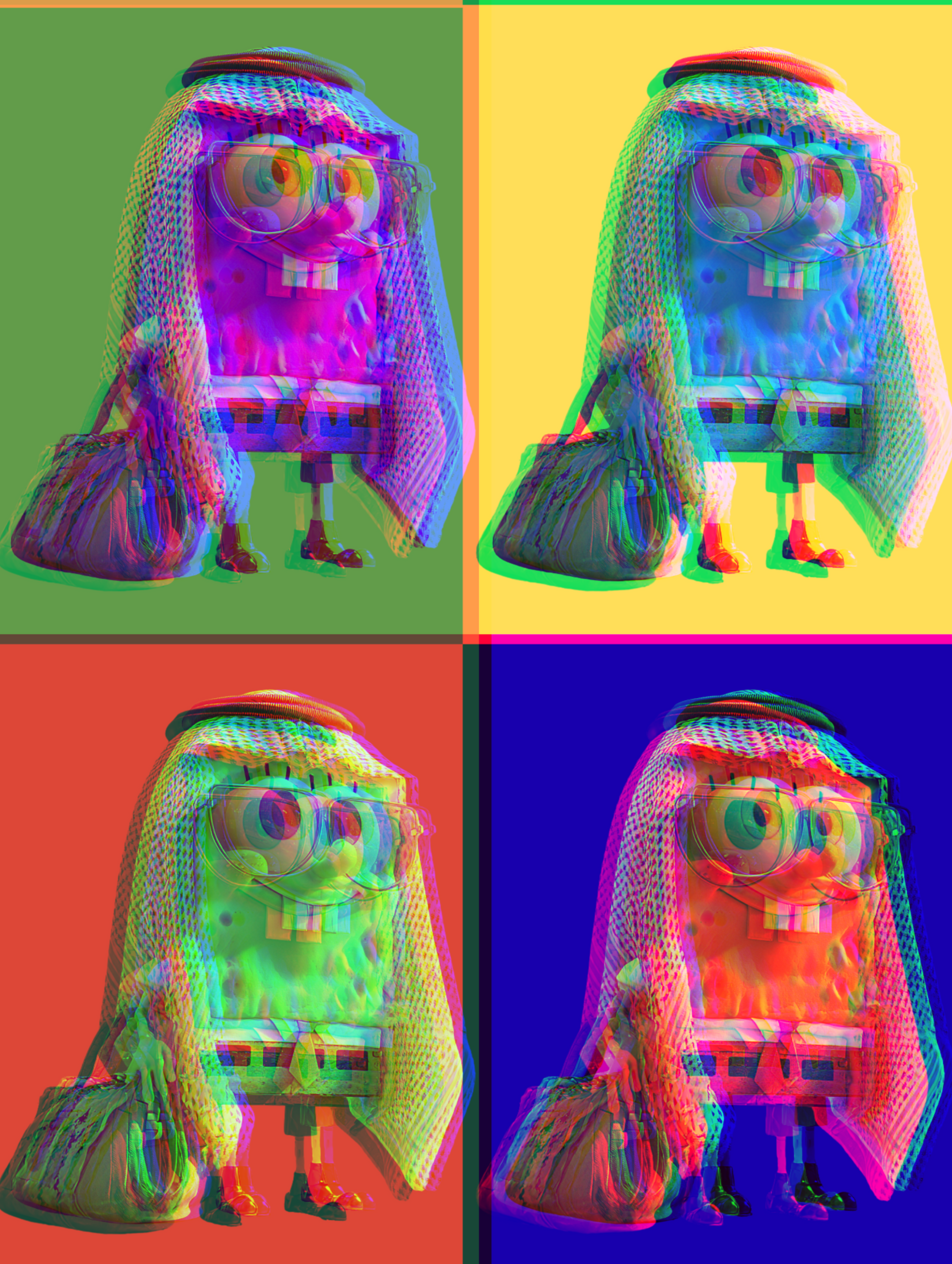 Four SpongeBobs Arabic pop art poster with colorful glitch backgrounds and traditional attire

