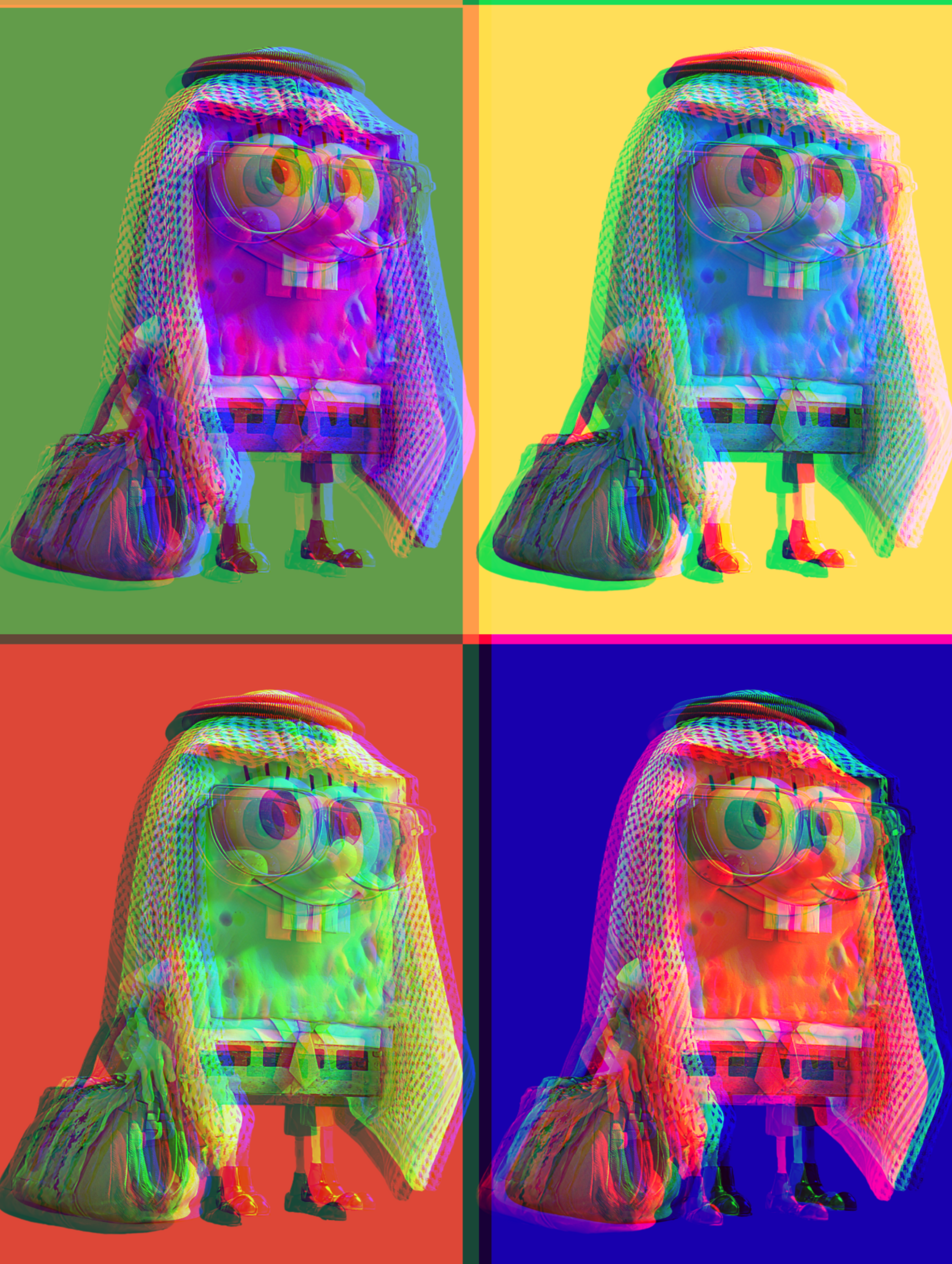 Four SpongeBobs Arabic pop art poster with colorful glitch backgrounds and traditional attire
