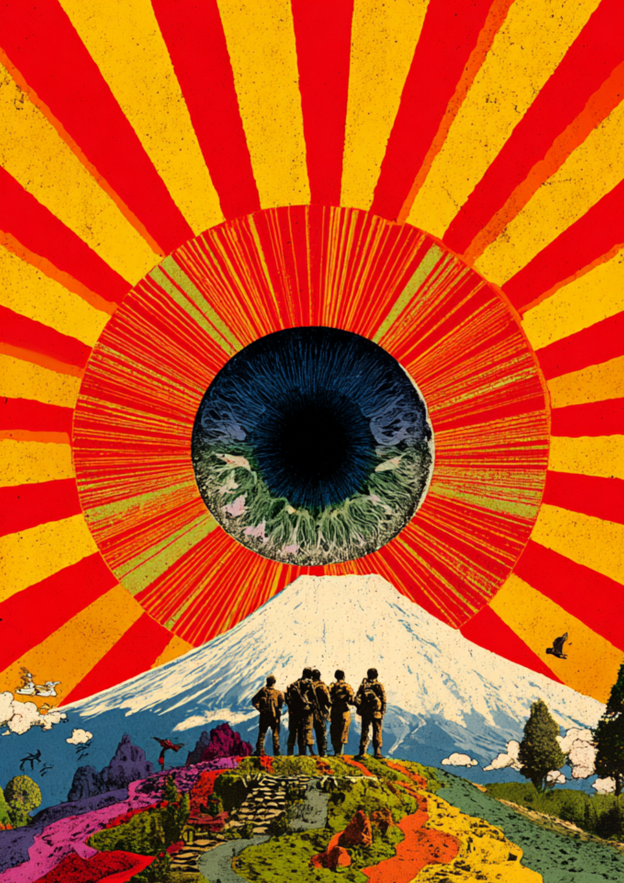 Psychedelic Japanese pop art poster of a giant eye above Mount Fuji with sunrise rays and a group of figures in a surreal landscape
