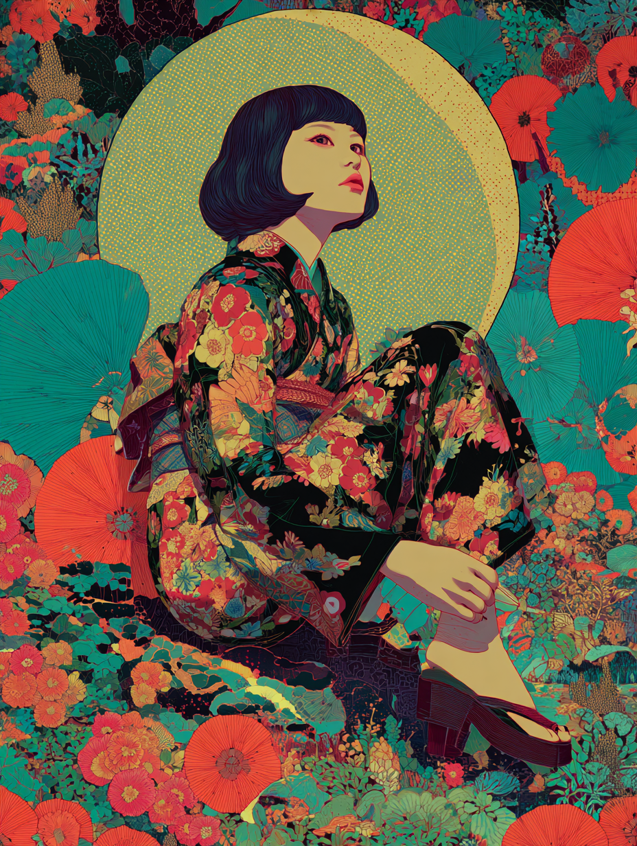 Modern Japanese pop art poster of a woman in a floral kimono seated in a vibrant flower garden with parasols and a glowing halo