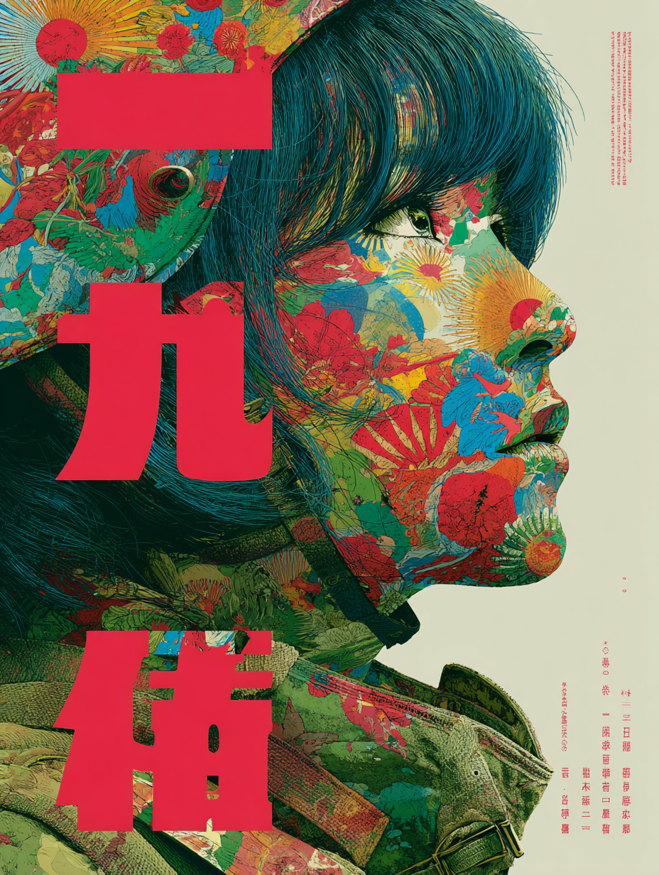 Japanese pop art poster of a woman in military gear with her face covered in vivid floral patterns and red kanji typography overlay