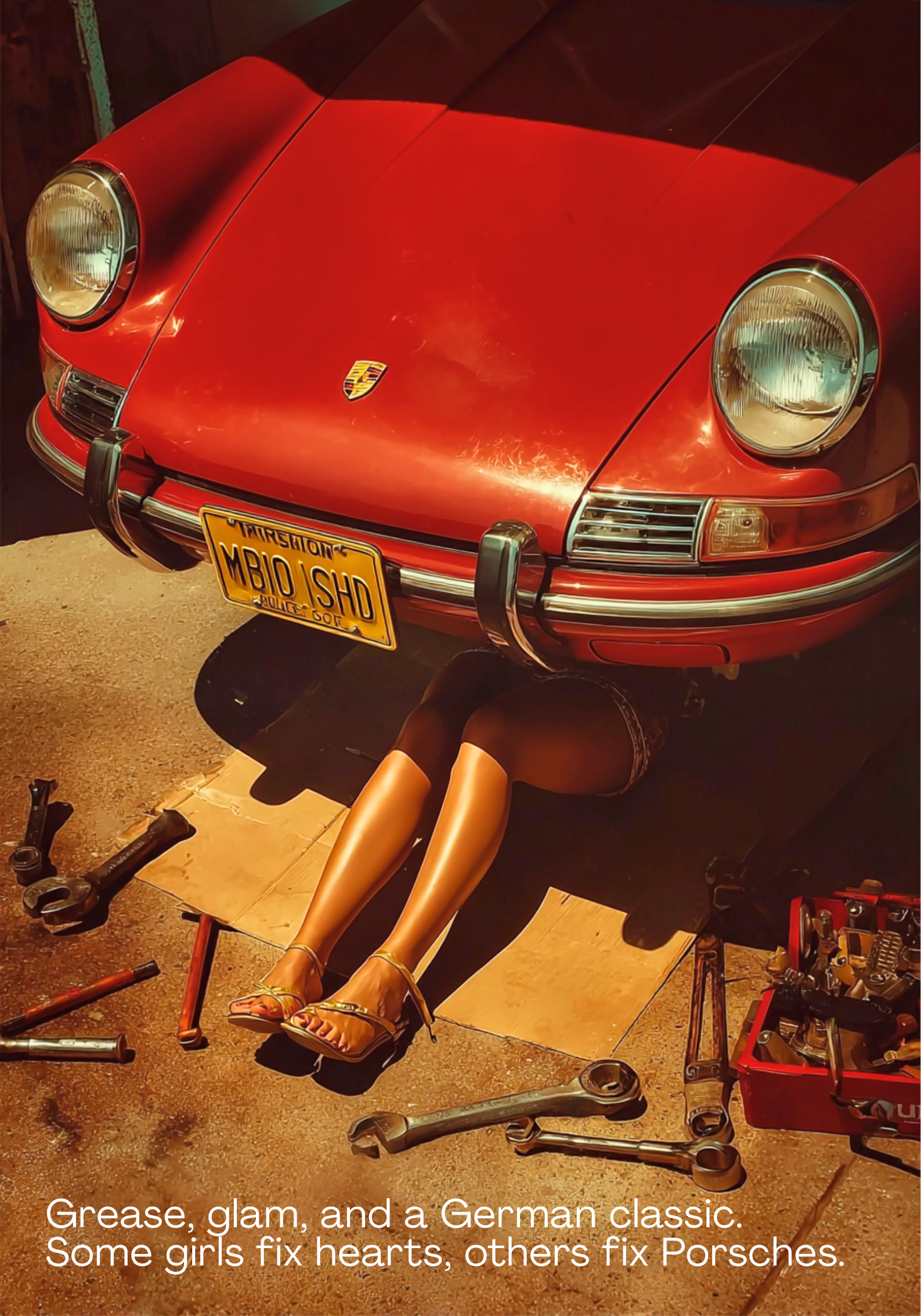 Pop art–style poster of a vintage red Porsche with a woman’s legs in golden heels under the hood, surrounded by mechanic tools, retro garage scene.

