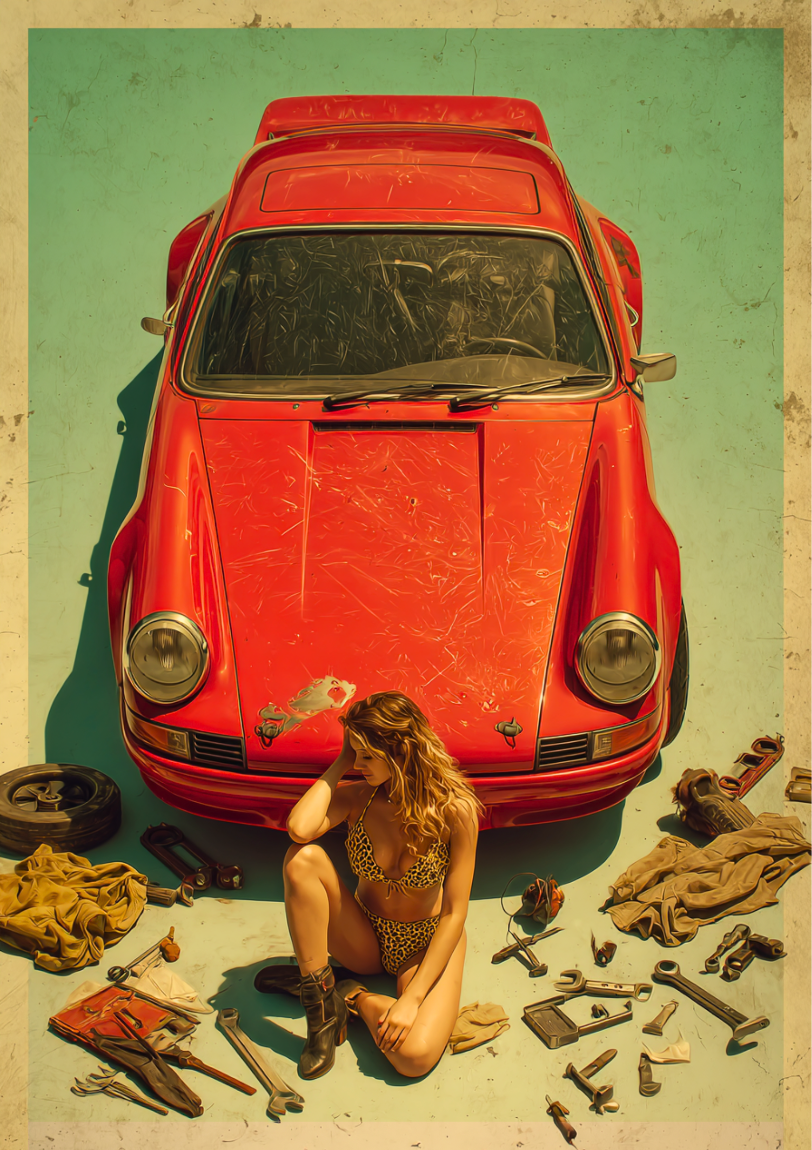 Retro artwork of a woman in leopard bikini sitting in front of a red vintage car with tools around