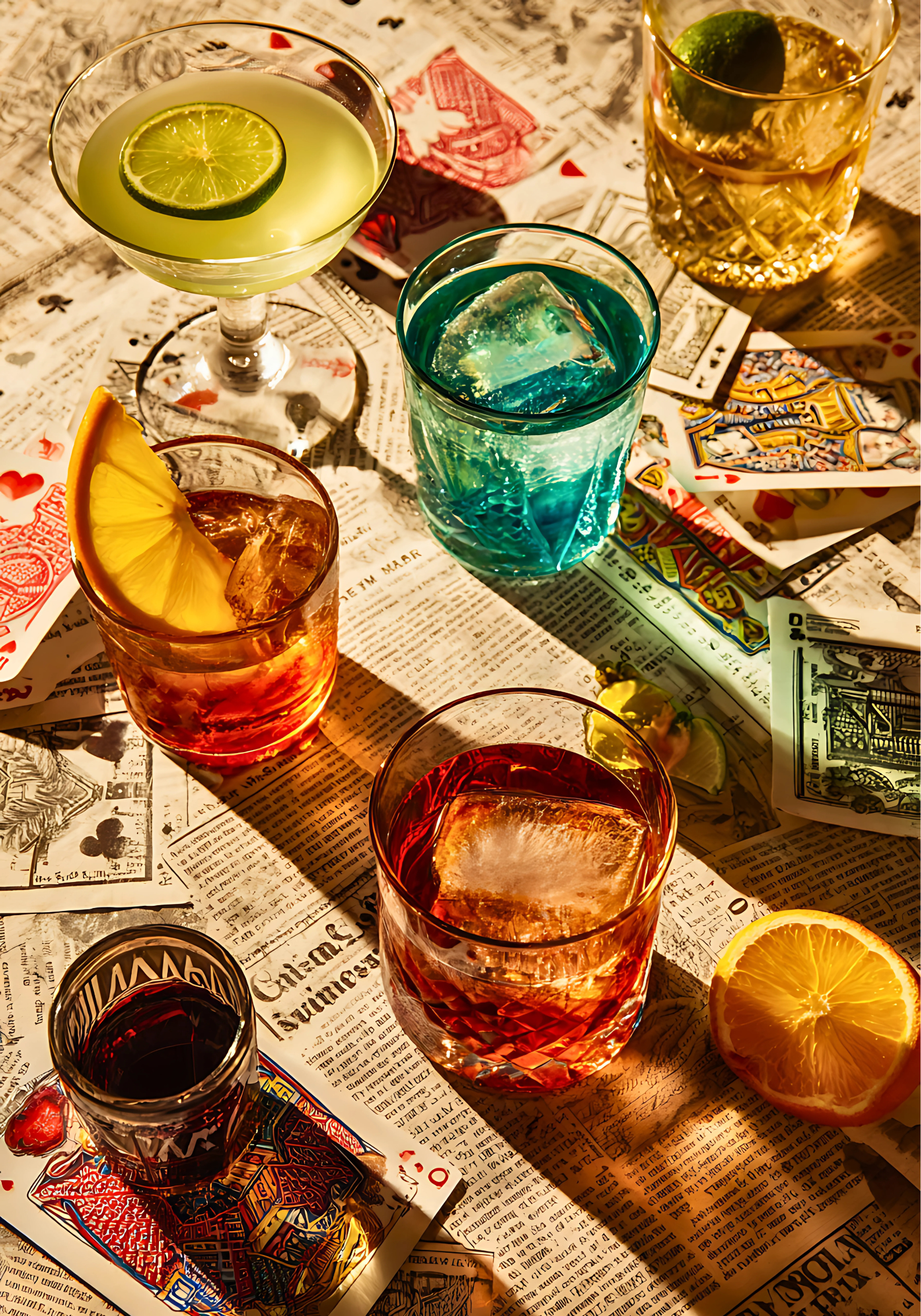 Pop art–style poster of six colorful cocktails on a table covered with playing cards and vintage paper, in warm golden lighting, retro bar scene.

