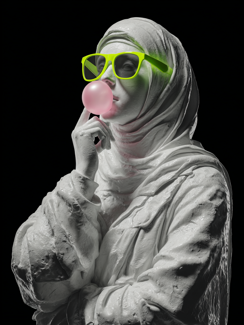 Hijabi statue pop art poster with bubblegum and neon sunglasses

