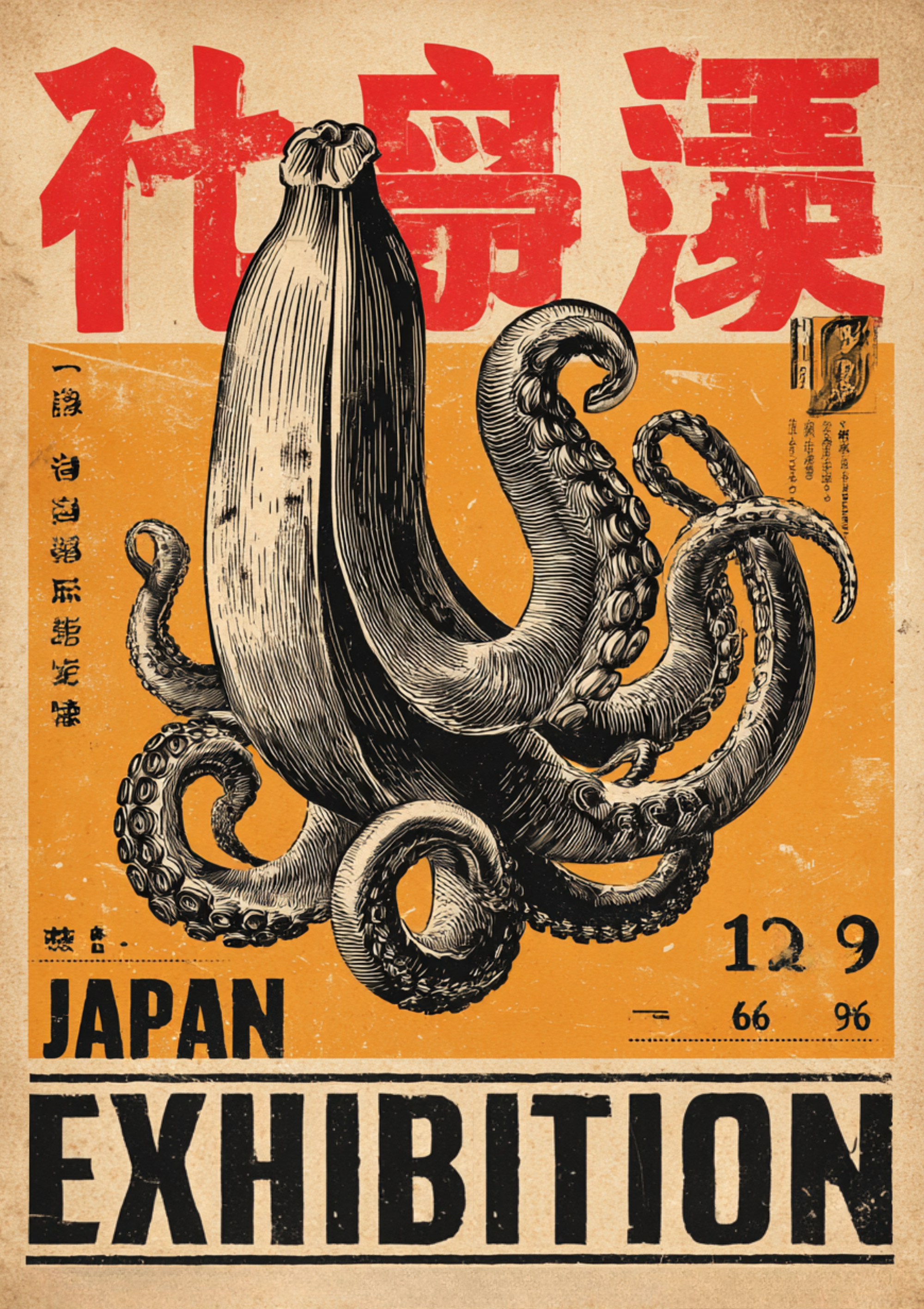 Retro Japanese exhibition poster with octopus illustration in orange and red
