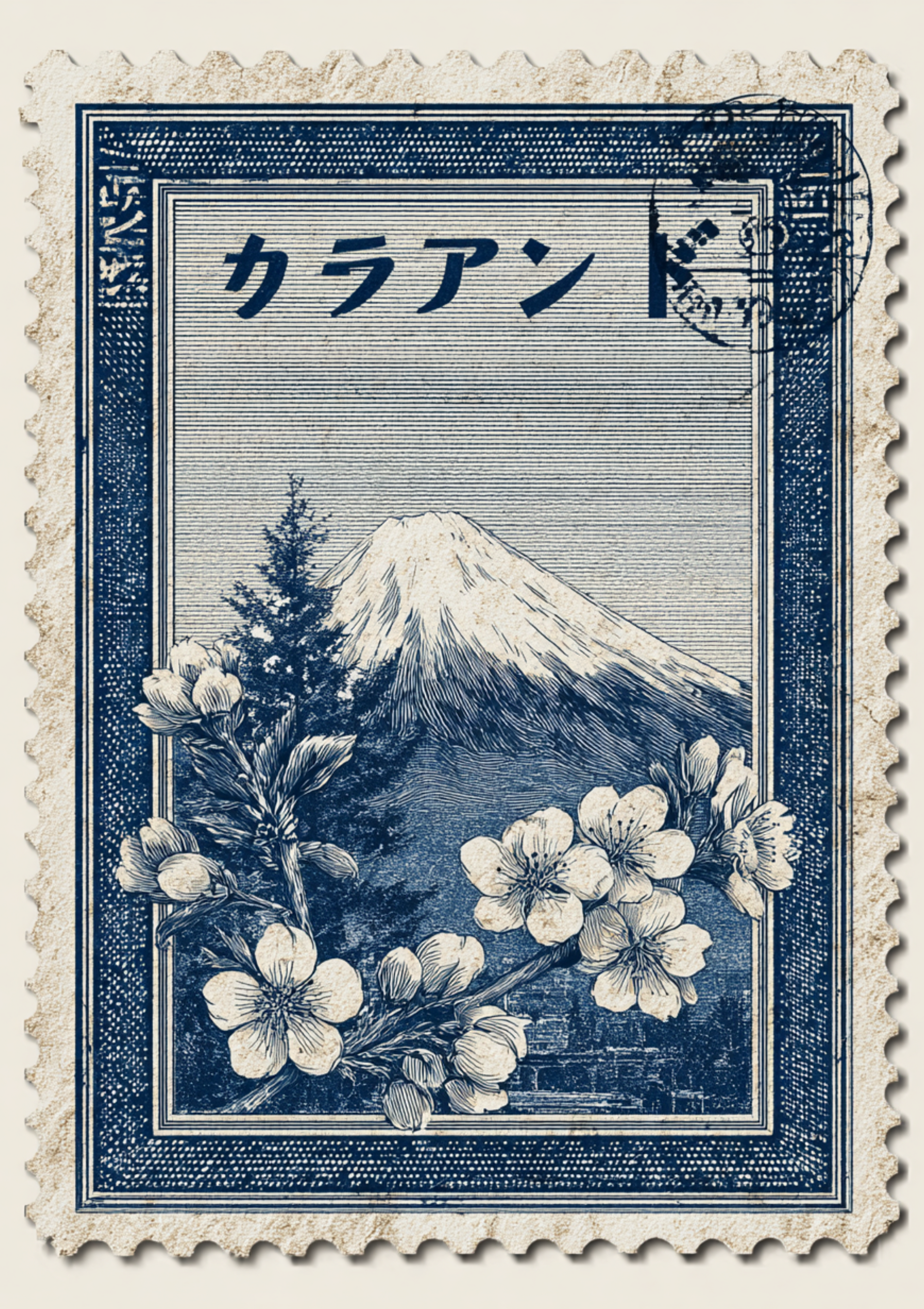 Retro Japanese stamp poster with Mount Fuji and sakura blossoms