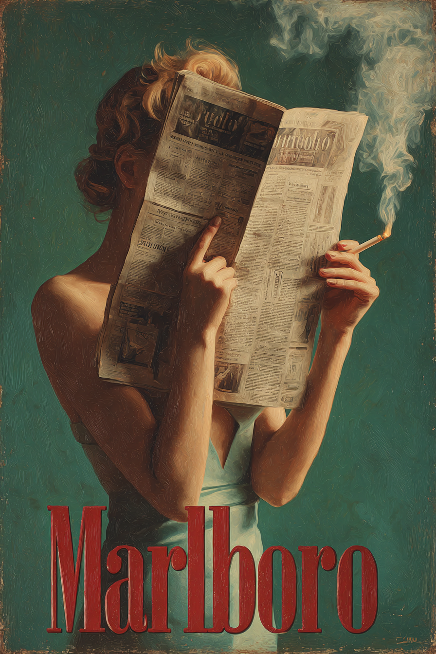 Retro pop art poster of a woman holding a newspaper and cigarette with “Marlboro” text in bold red, vintage textured aesthetic