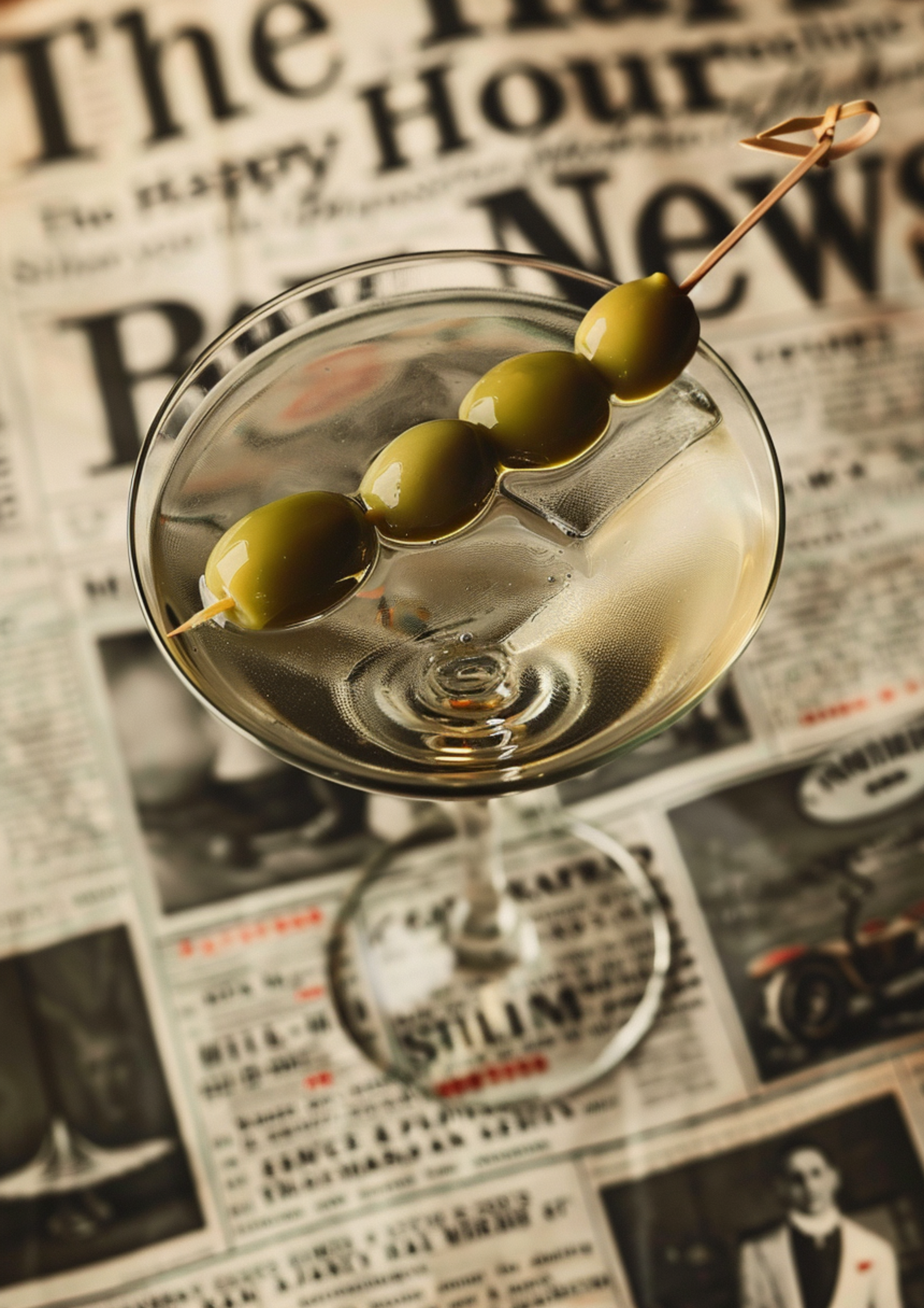 Vintage-style poster of a martini glass with green olives resting on retro newspaper clippings, in a glamorous editorial aesthetic