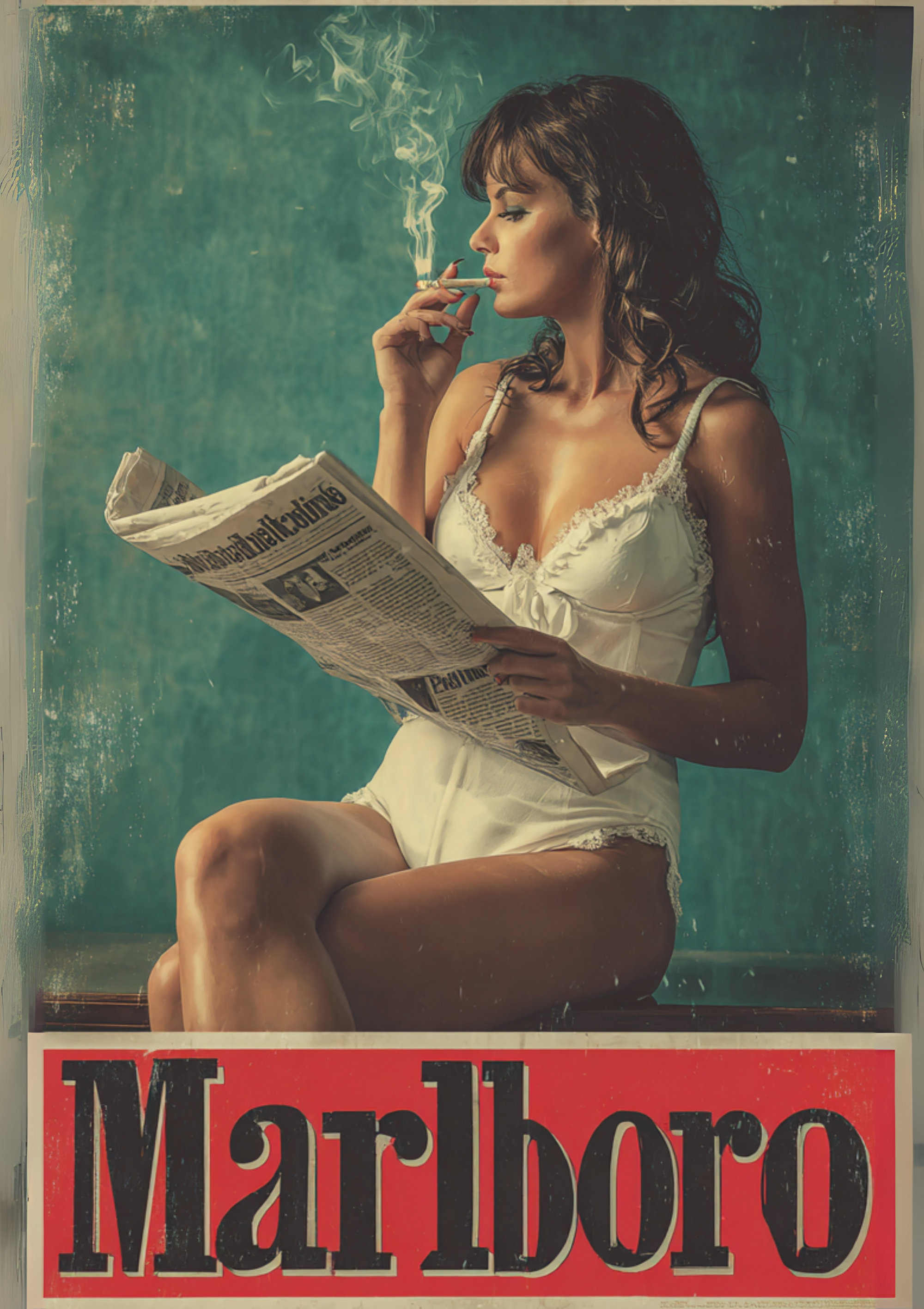 Retro Marlboro poster of woman smoking and reading newspaper