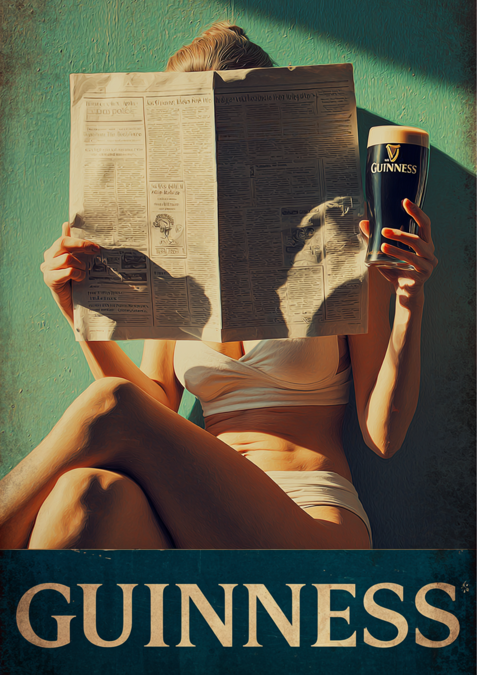 Retro artwork of a woman reading a newspaper while holding a pint of Guinness