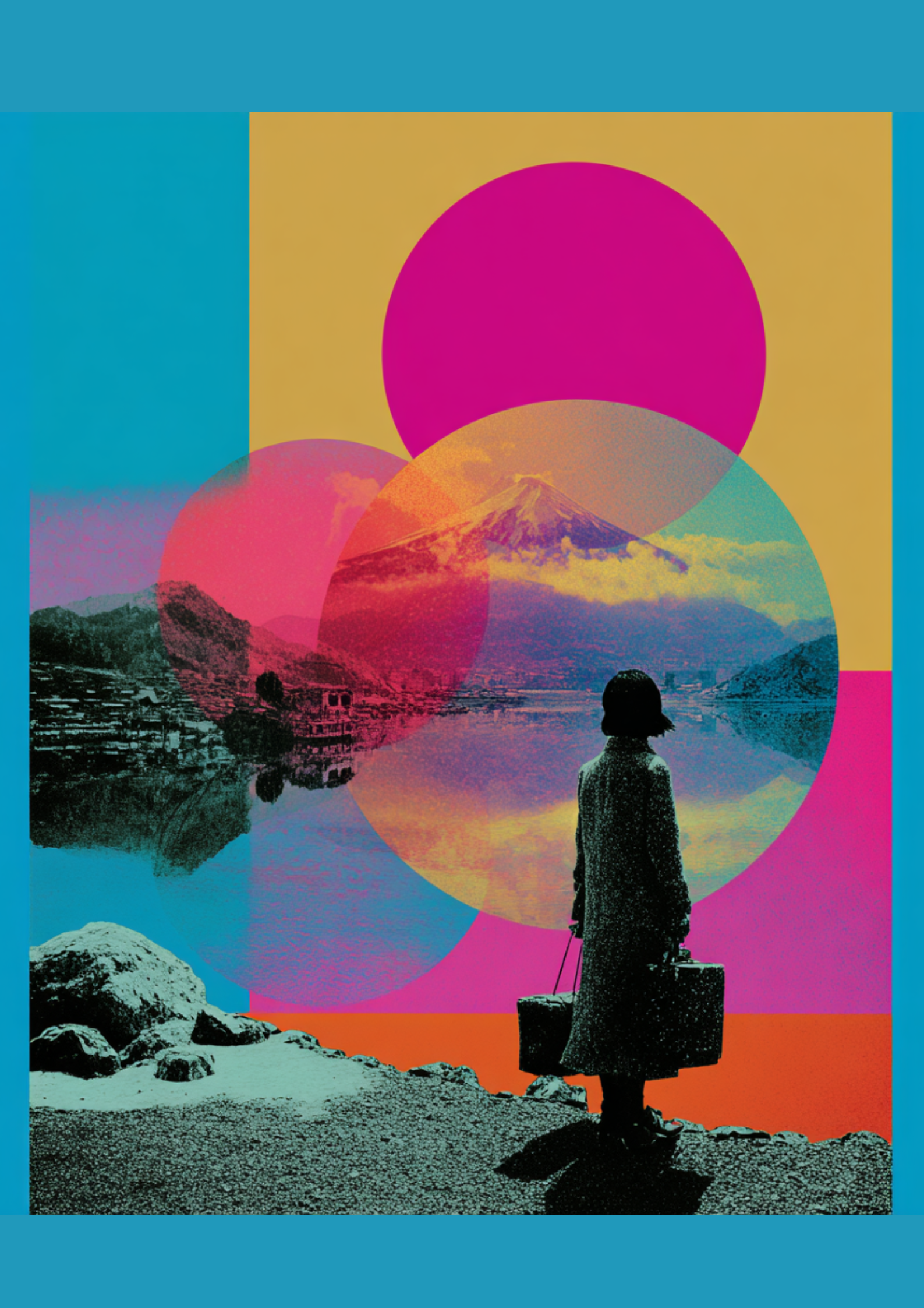 Japanese pop art poster of a woman with luggage facing Mount Fuji beneath surreal neon circles in a retro-futurist, dreamy style