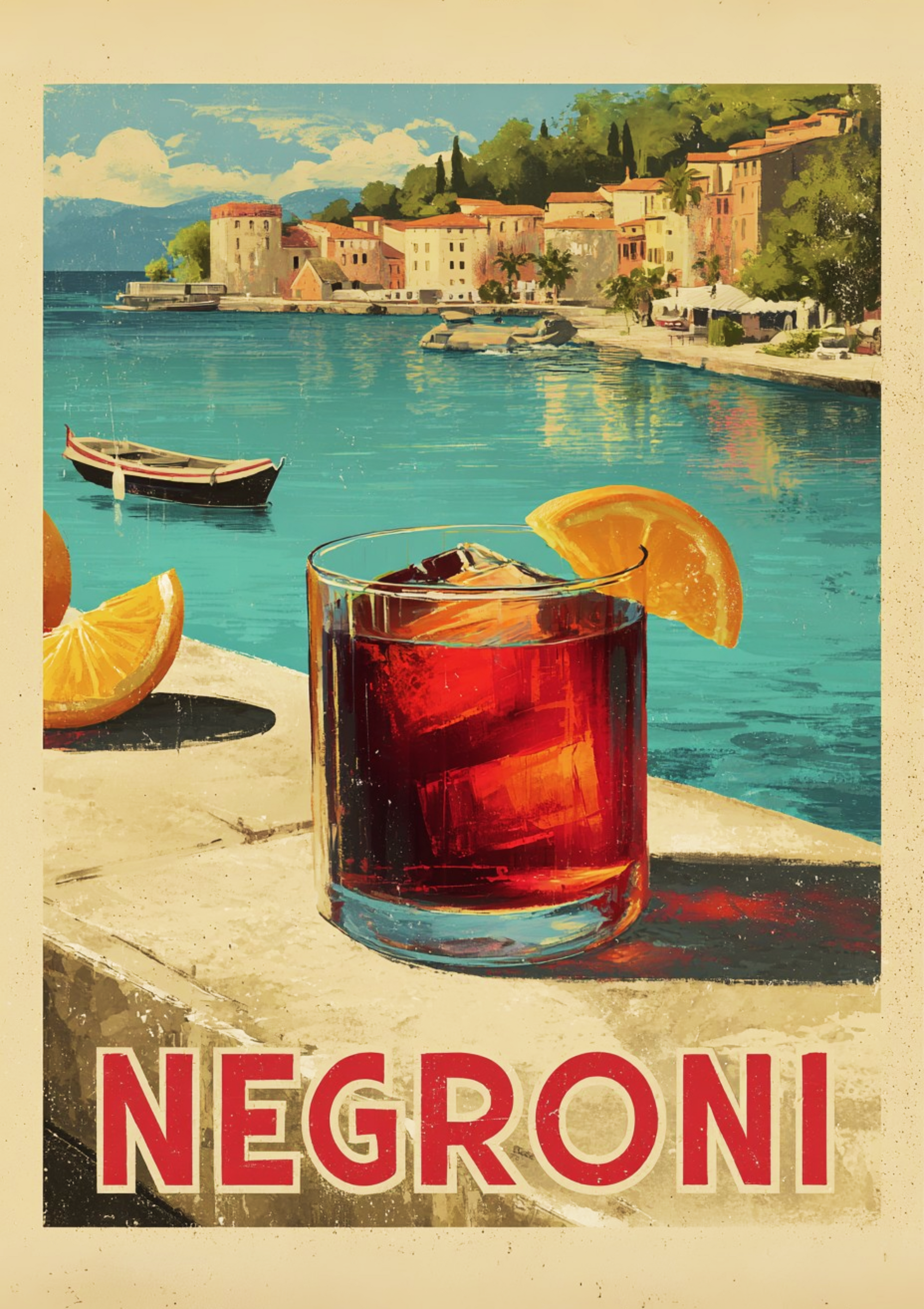Retro Negroni cocktail poster with seaside Italian background