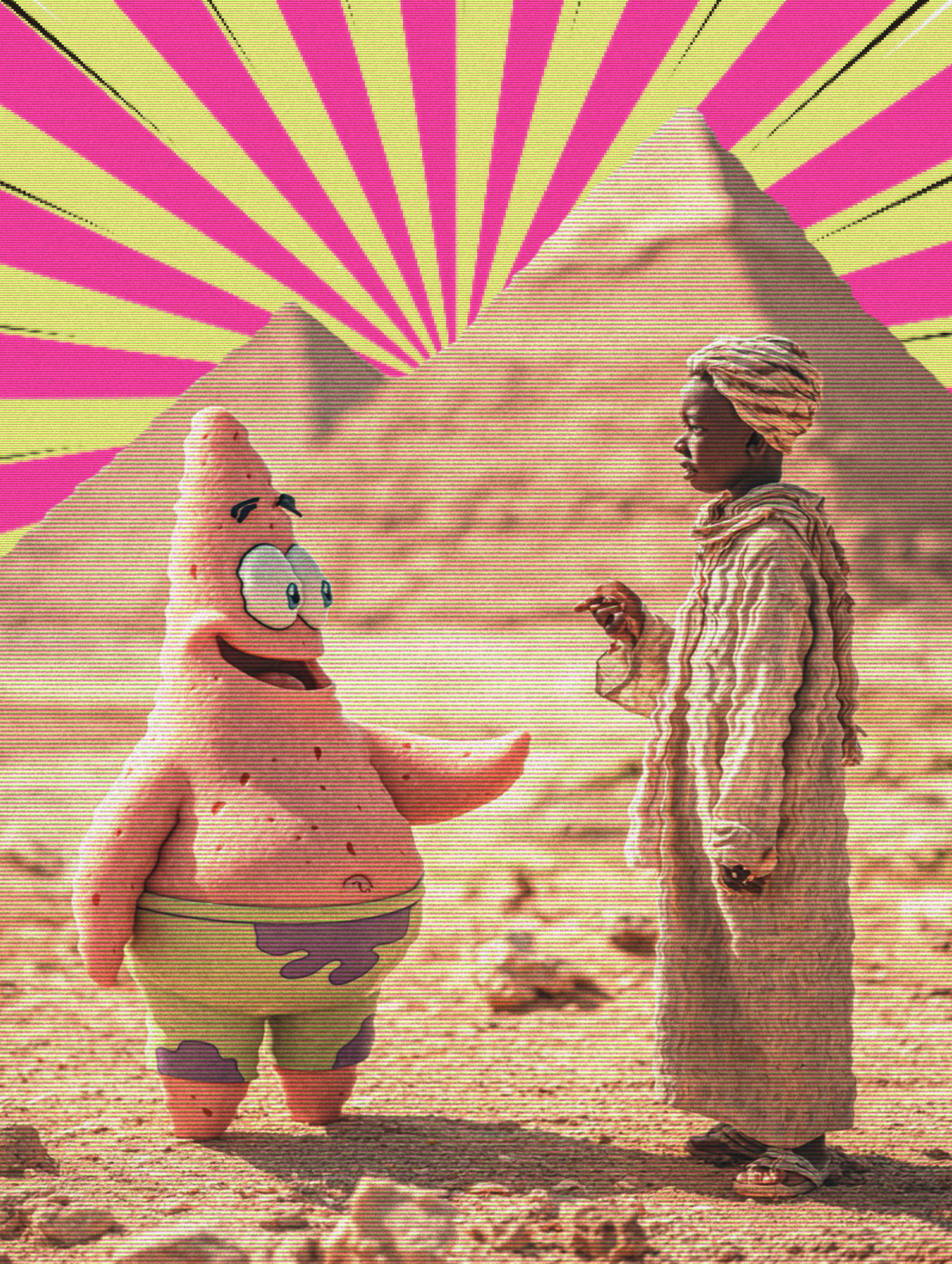 Patrick Star Arabic pop art poster at Giza pyramids with sunburst background