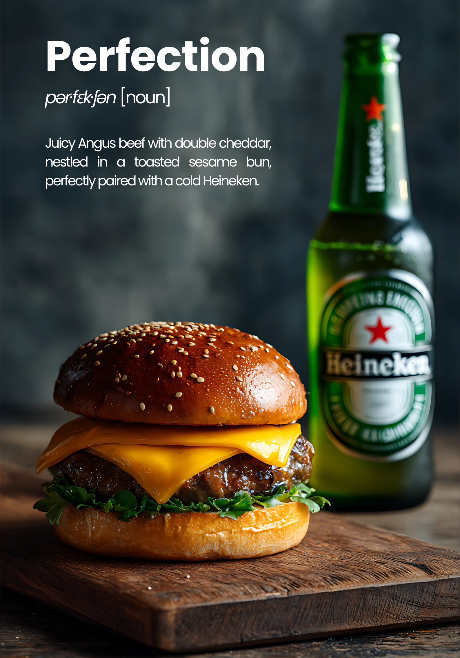 Pop art–style poster of a juicy Angus beef burger with cheddar cheese in a sesame bun, paired with a cold Heineken beer bottle, retro editorial style.
