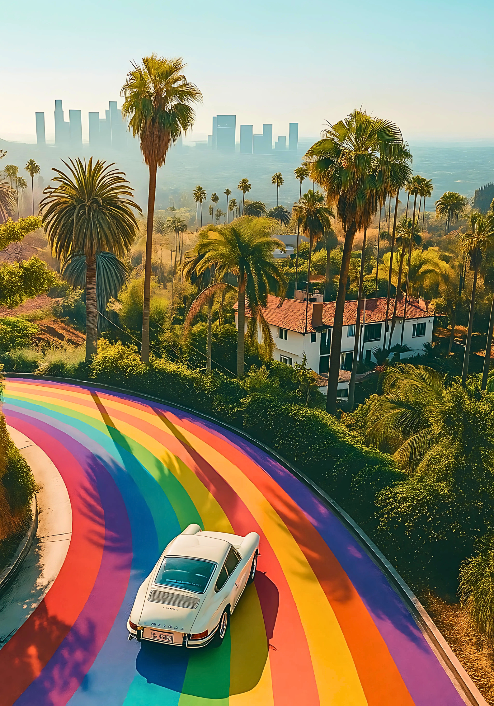 Pop art–style poster of a white vintage Porsche driving on a rainbow-painted road surrounded by palm trees, with Los Angeles skyline in the background.
