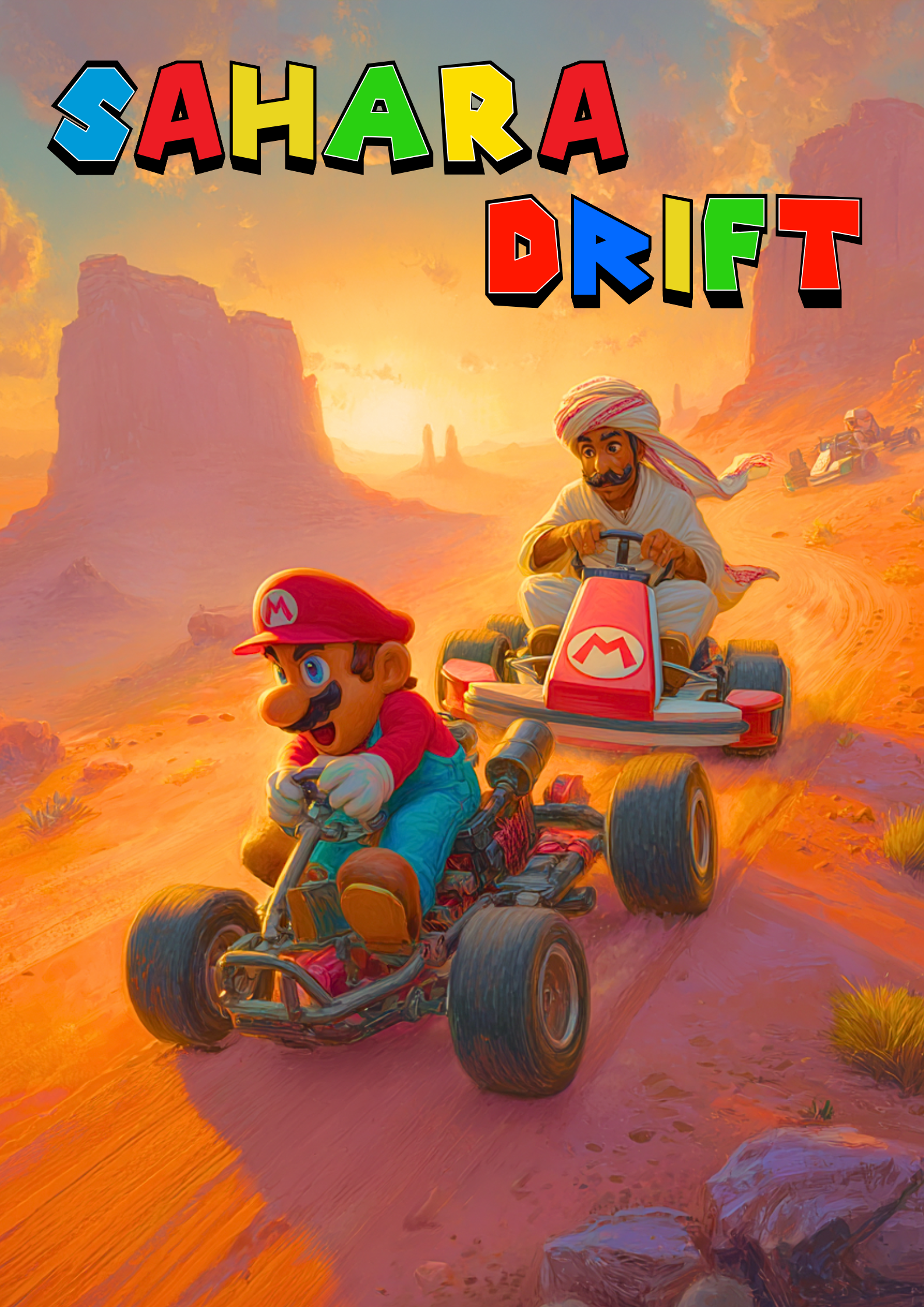 Desert kart race scene with Mario and a keffiyeh-wearing man driving go-karts across orange dunes, with bold “Sahara Drift” title in colorful block letters