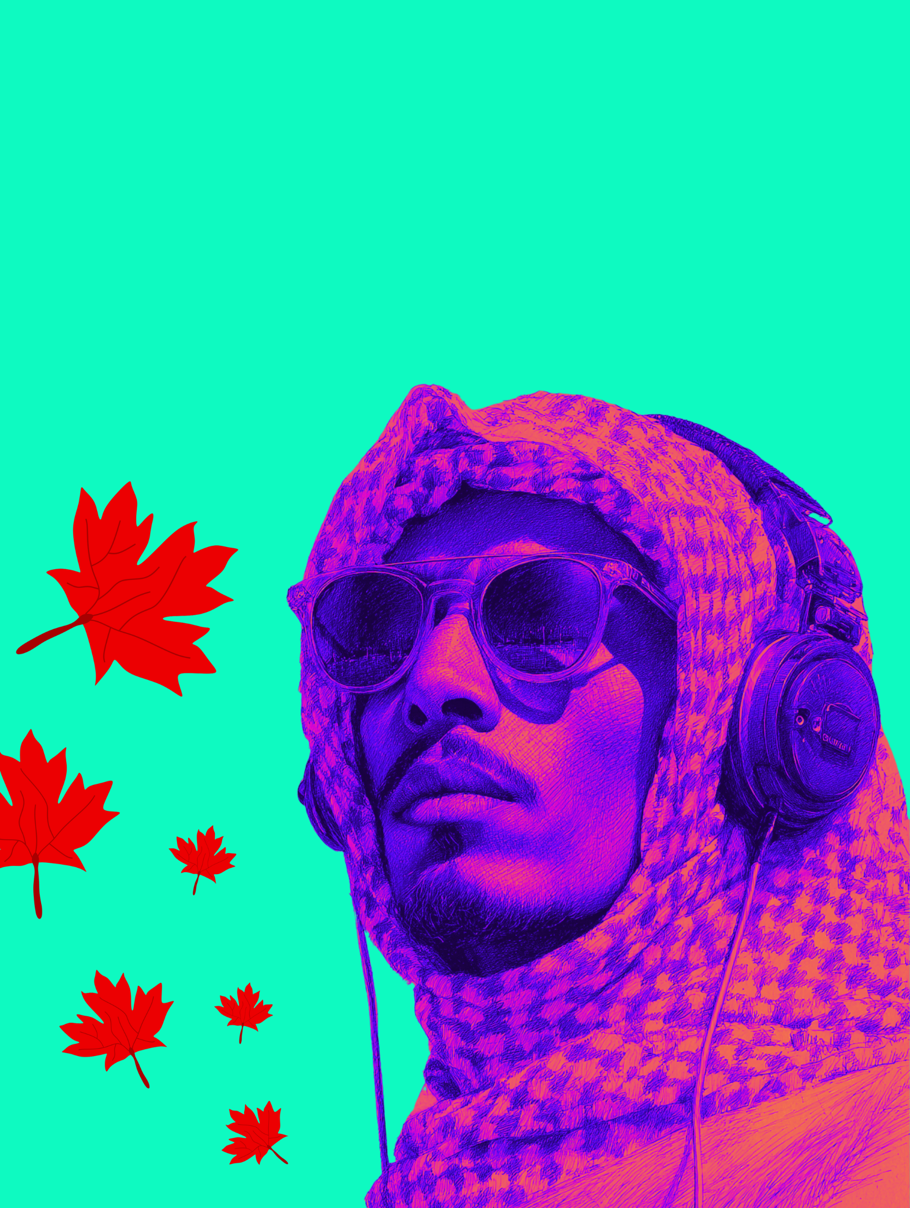 A beautiful turquoise background with red leaves and an arab man with a shemagh and sunglasses.