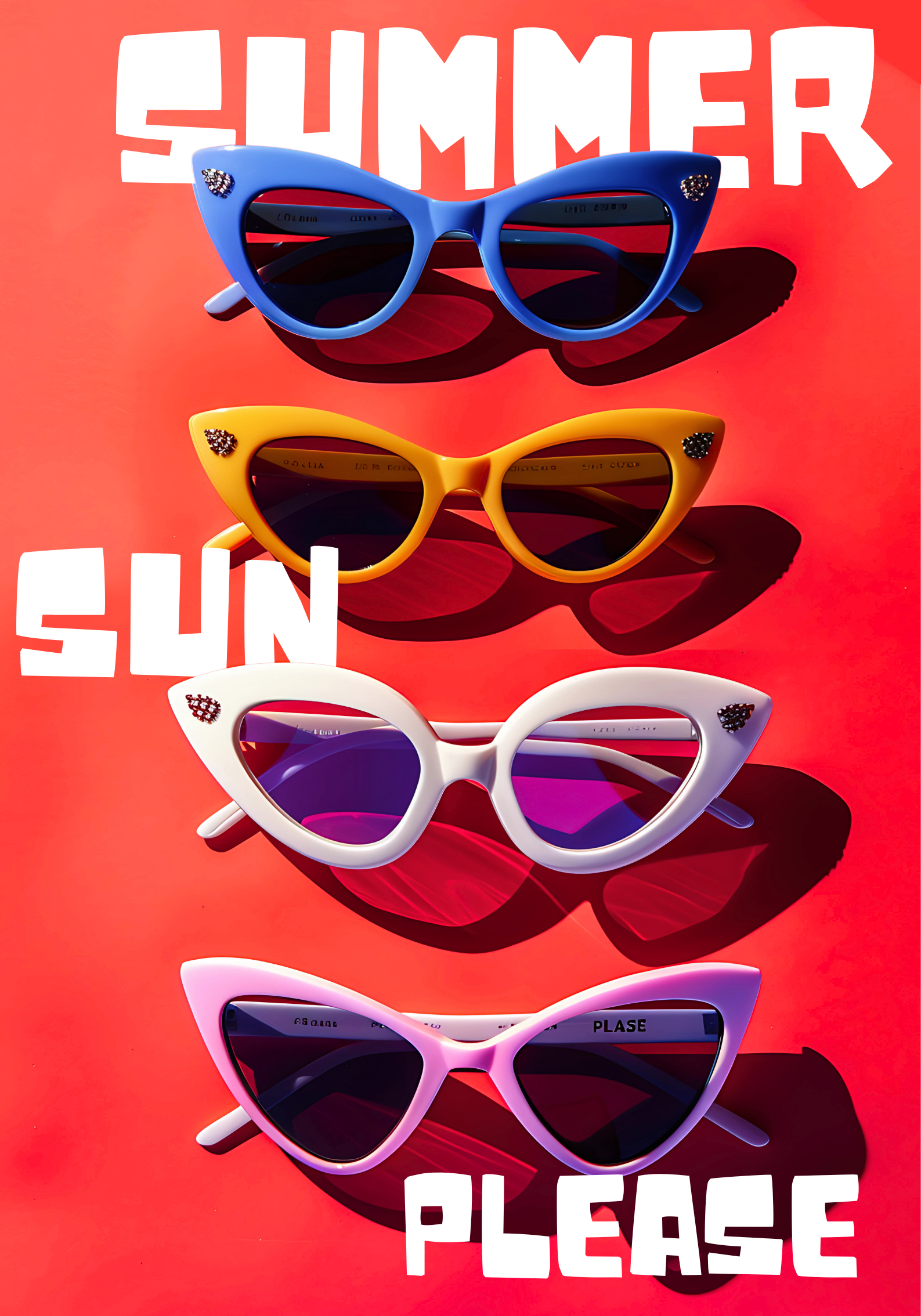 Pop art–style poster with four colorful retro cat-eye sunglasses (blue, yellow, white, pink) on a bright red background with “Summer Sun Please” text.