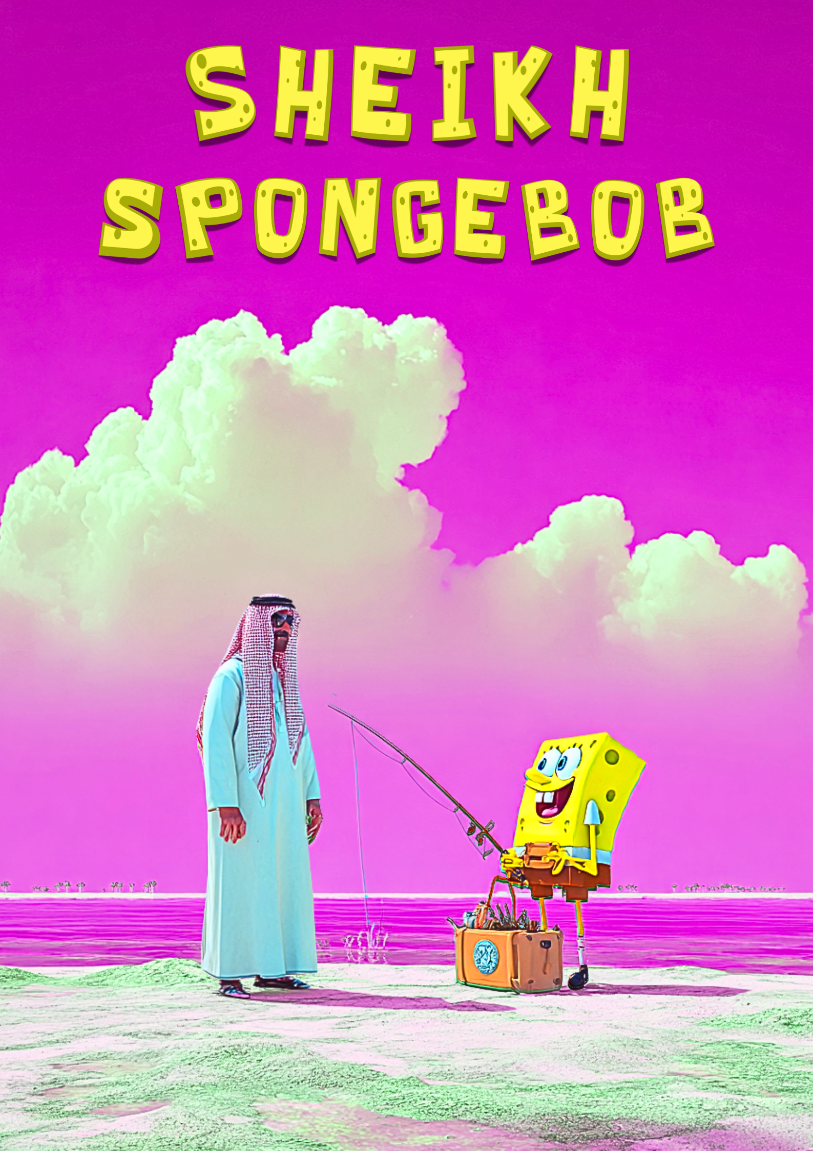 An Arabic Pop Art Poster featuring a pink sky and SpongeBob with a Saudi Sheikh fishing together