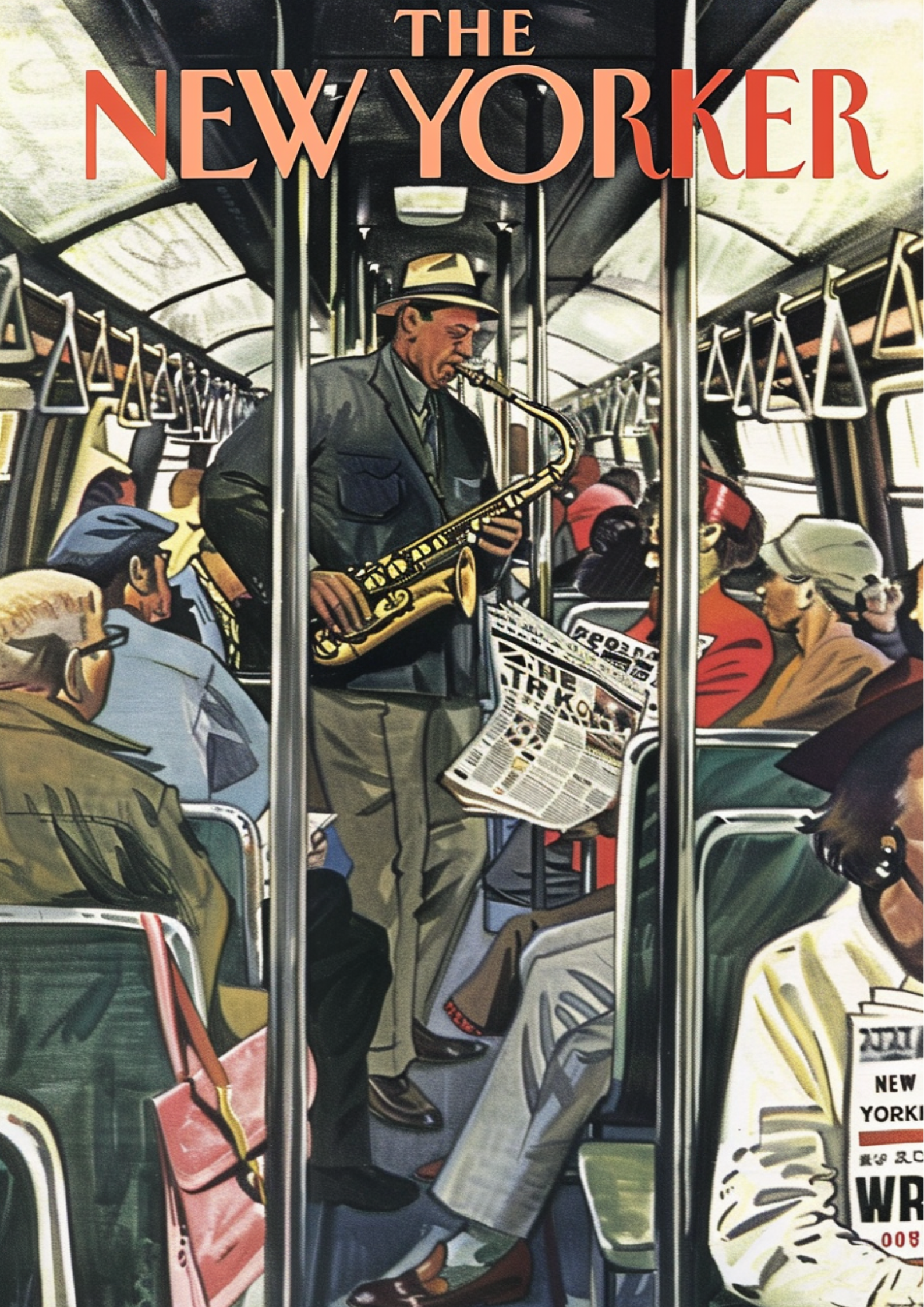 Retro New Yorker magazine cover of jazz musician playing saxophone on a subway surrounded by commuters