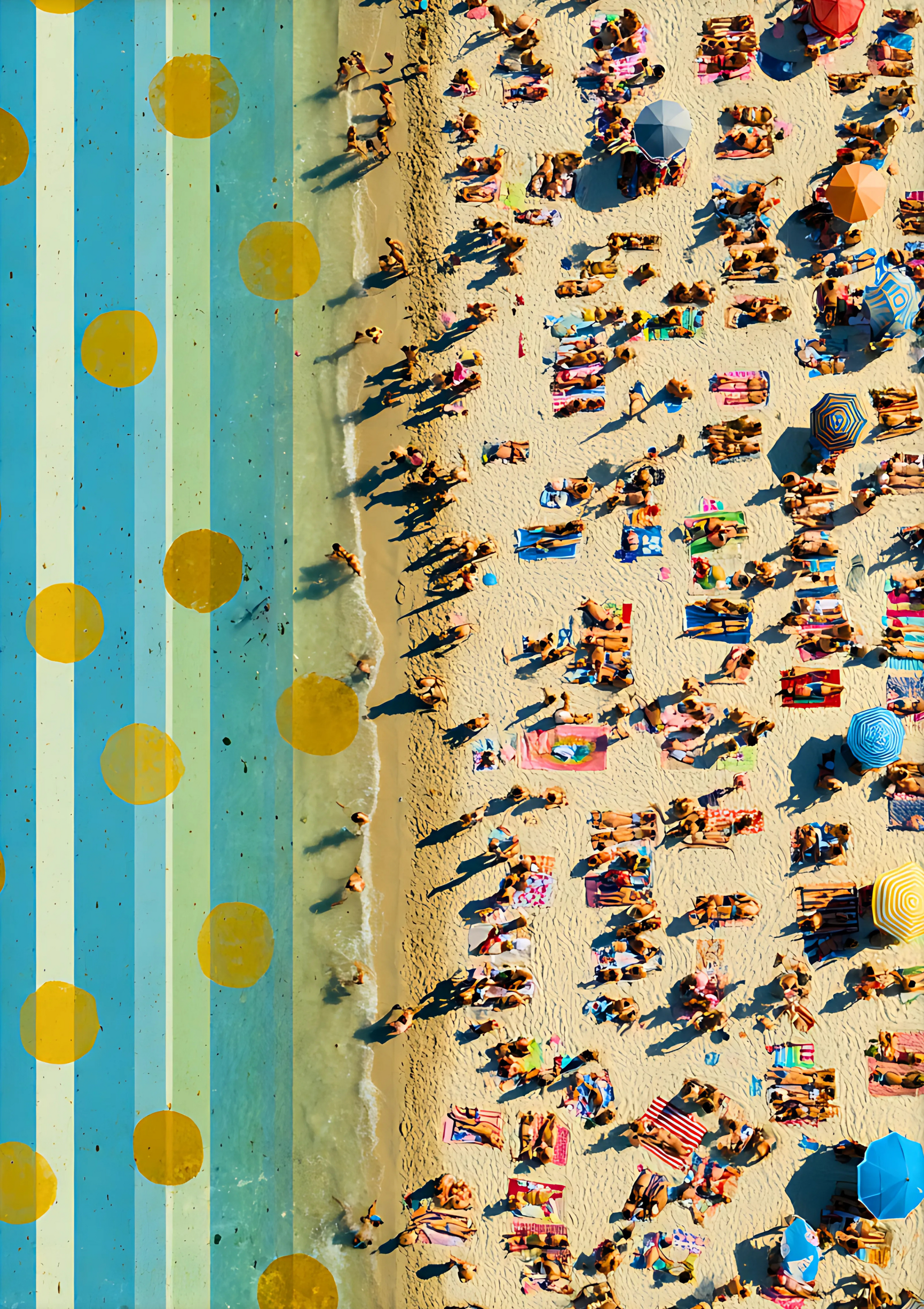 Aerial retro poster of crowded summer beach with colorful umbrellas