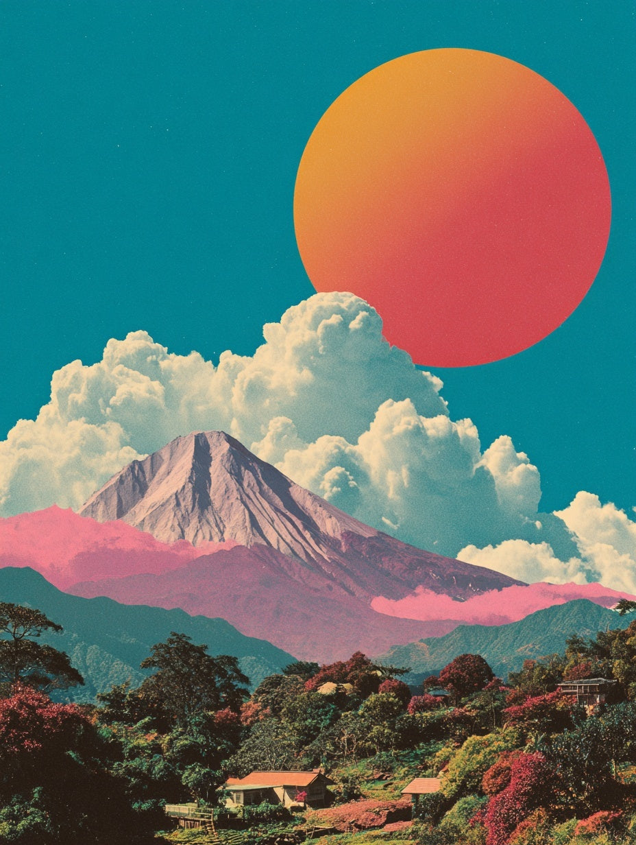 Japanese pop art poster of Mount Fuji under a vivid orange sun with pink clouds and a turquoise sky, in retro surrealist style