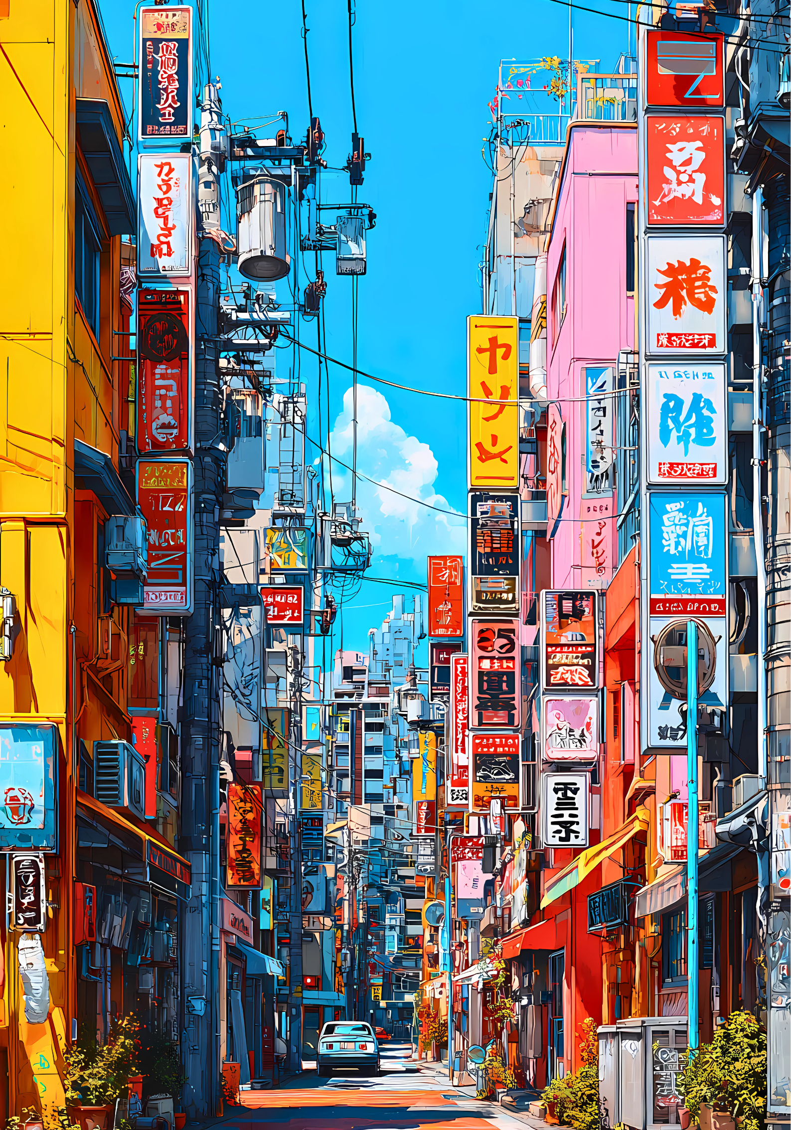 Pop art–style poster of a colorful Tokyo street filled with neon signs, bright buildings, and blue sky, retro urban Japanese cityscape.
