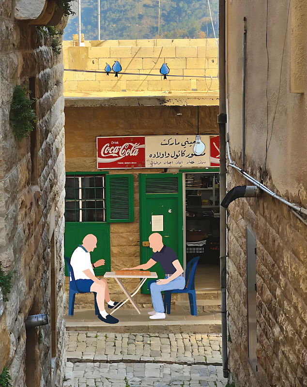 Two men playing backgammon outside vintage Lebanese store with Coca-Cola sign