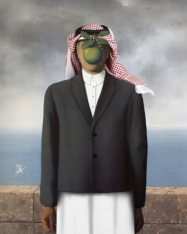 Arab man in traditional attire with floating green apple parodying Magritte's Son of Man