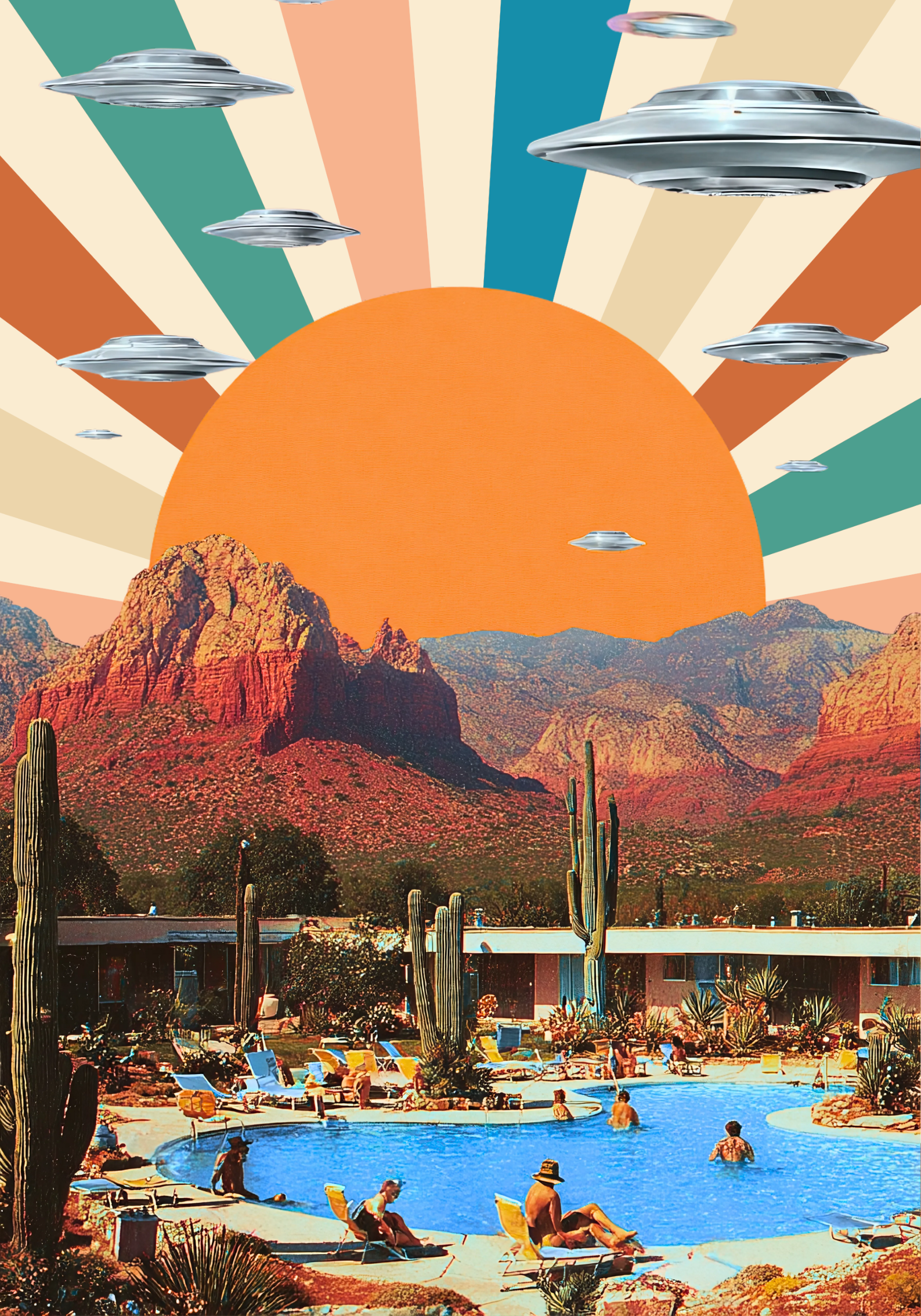 Retro pop art poster of flying saucers over a desert motel pool with cactus and red rock mountains under a giant orange sun
